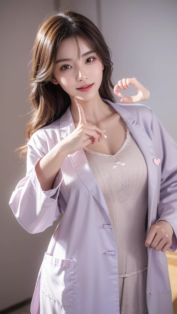 (Cowboy shot:1.2), smiling elegant slim asian woman, Japanese, wearing (((open labcoat over scrubs))), brown hair, (finger heart:1.5), (modern hospital room), photo, 1girl, ultra high res, realistic photorealistic, ultra-detailed, finely detailed, high resolution, perfect dynamic composition, (perfect eyes), (detailed eyes), solid circle eyes, ccurate, sparkling eyes, (clean eyes), anatomically correct, super detail, textured skin, extremely detailed face and eyes, detailed facial features, ((perfect face)),