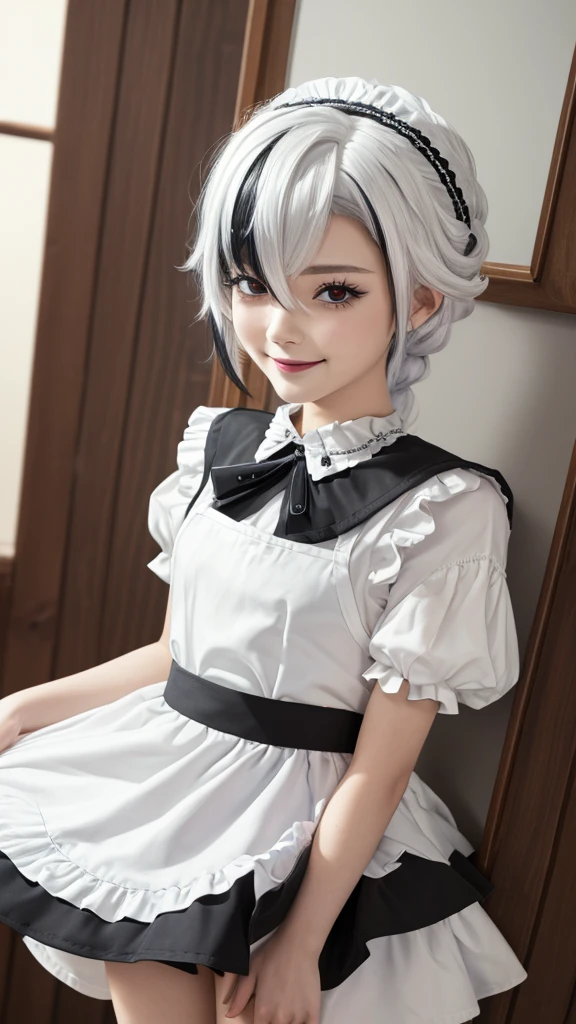 (close up:1.4), (RAW Shooting:1.2), (Reality:1.4), (masterpiece:1.3), (Highest quality:1.4), (Headdress, White shirt, Black Ribbon, ruffle skirt, ???? sleeves, collar, Necklace, Thin white ????? ruffles:1.3), White knee socks, swimsuit, flat chest, White hair, Black Hair, Colorful Hair, short hair, Straight Hair, White hair long braid, Glowing red eyes, Red X pupil, (focus, full-body shot, Smile