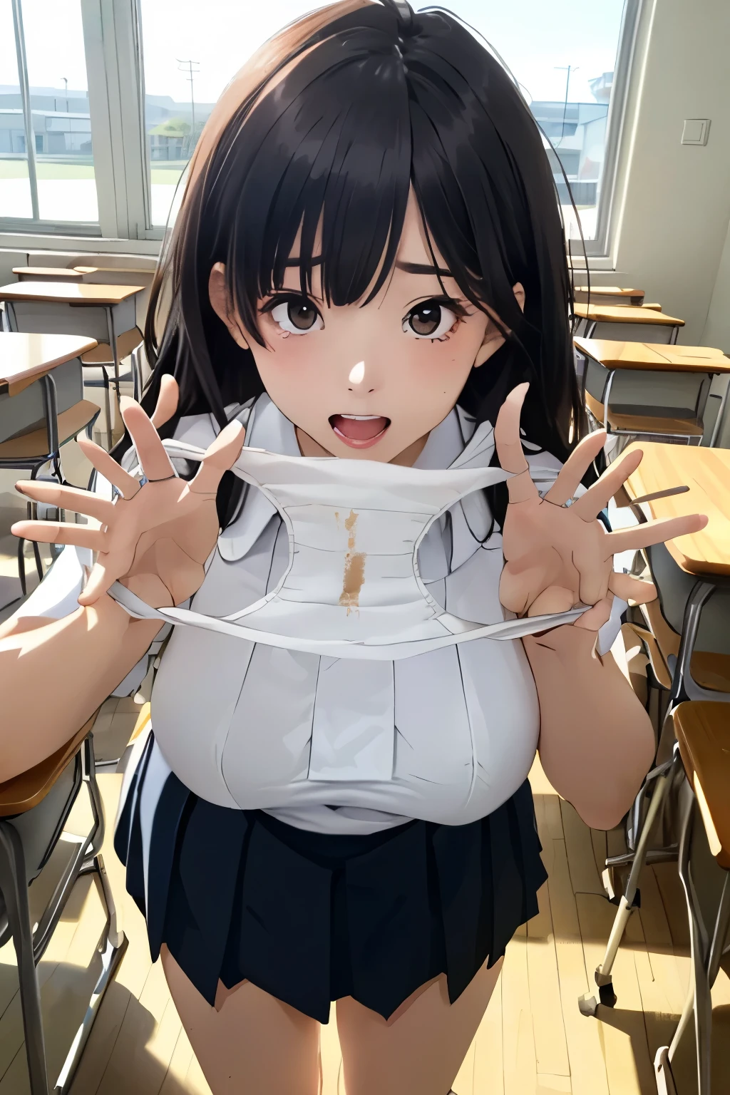 (((masterpiece, Highest quality, High resolution, 超High resolution, Pixel perfect, Written boundary depth, 4K, About RTTX10.0))), Beautiful Anime Women, Beautiful art style, Anime characters, ((Smooth texture, Realistic texture, Anime CG Style)), Exact finger count、Exact number of legs、(Exact number of arms:1.0, Exact number of hands:1.0), (Perfect hands, Perfect Anatomy), Cinematic, Realistic, Highly detailed CG, Daytime lighting, Perfect lighting, Best Shadow, The best natural light, whole body, Perfect body, (Slender body:1.2), whole body, ((bangs, Dark brown hair, Bobcut)), ((One woman is kneeling, looking up and gazing open-mouthed., sleep:1.4)), ((Beautiful eyelashes)), ((Detailed face, Blushing:1.2)), ((Beautiful and large breasts)), (Amazingly beautiful girl), (School classroom:1.3), (Fashionable white shirt, Sailor collar, Navy blue sailor suit, Knee-high socks, Navy pleated mini skirt:1.3), (Open your mouth wide:1.5), ((close your eyes:1)), ((cute, Sighing expression)), Breathe with your shoulders, sexual pleasure expression, Holding in pee、Patience is the limit、On the brink of climax, (Perfect Anatomy, Perfect number of arms, Perfect hands)、(cum on face, cumin mouth:1.7), Look up, A &#39;Phew&#39; sound, Surprised expression, Angle from above right, (My face is covered in sticky white liquid:1.4)