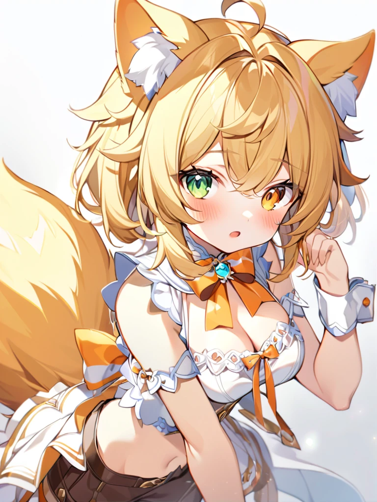 1girl, animal ears, bangs, bare shoulders, blonde hair, blush, bow, breasts, white cleavage, cropped torso, , green eyes, hair ribbon, heterochromia, , looking at viewer, open mouth, orange bow, orange eyes, orange ribbon, ears of an unusual animal, a real tail, a fluffy tail, two tails on the sides, ribbon, solo, stuffed animal, , upper body, full-length, white legbands, white shoes with lace and white bows, white background, wrist cuffs, yellow eyes, bloomers, close-up, fair skin frills, lace, midriff, skirt, solo, , white background,shorts, white top with ribbon and lace and trousers,trousers, genshin,white slippers with a bow,All clothes are white, laceAt full height, it stands