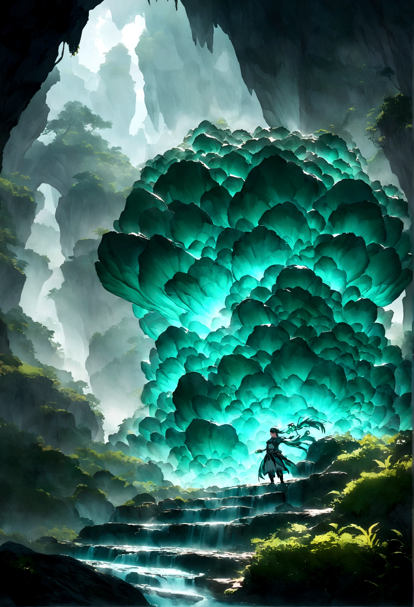 ((Chinese style,Immortal World,Xianxia World)),Mountain,Mist,(((Cave,)))mystery,Glowing Jade,Chinese style!!