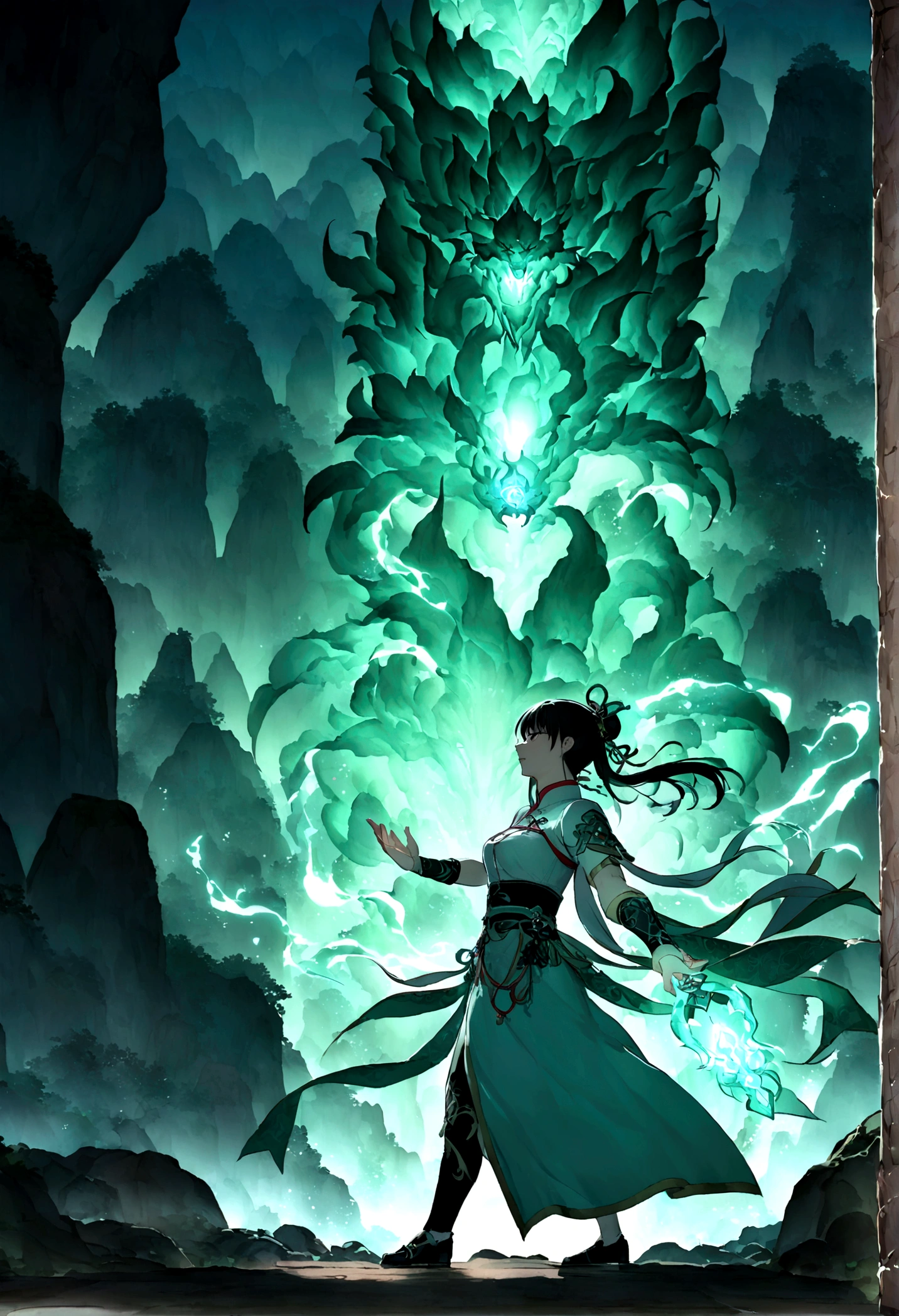 ((Chinese style,Immortal World,Xianxia World)),Mountain,Mist,(((Cave,)))mystery,Glowing Jade,Chinese style!!