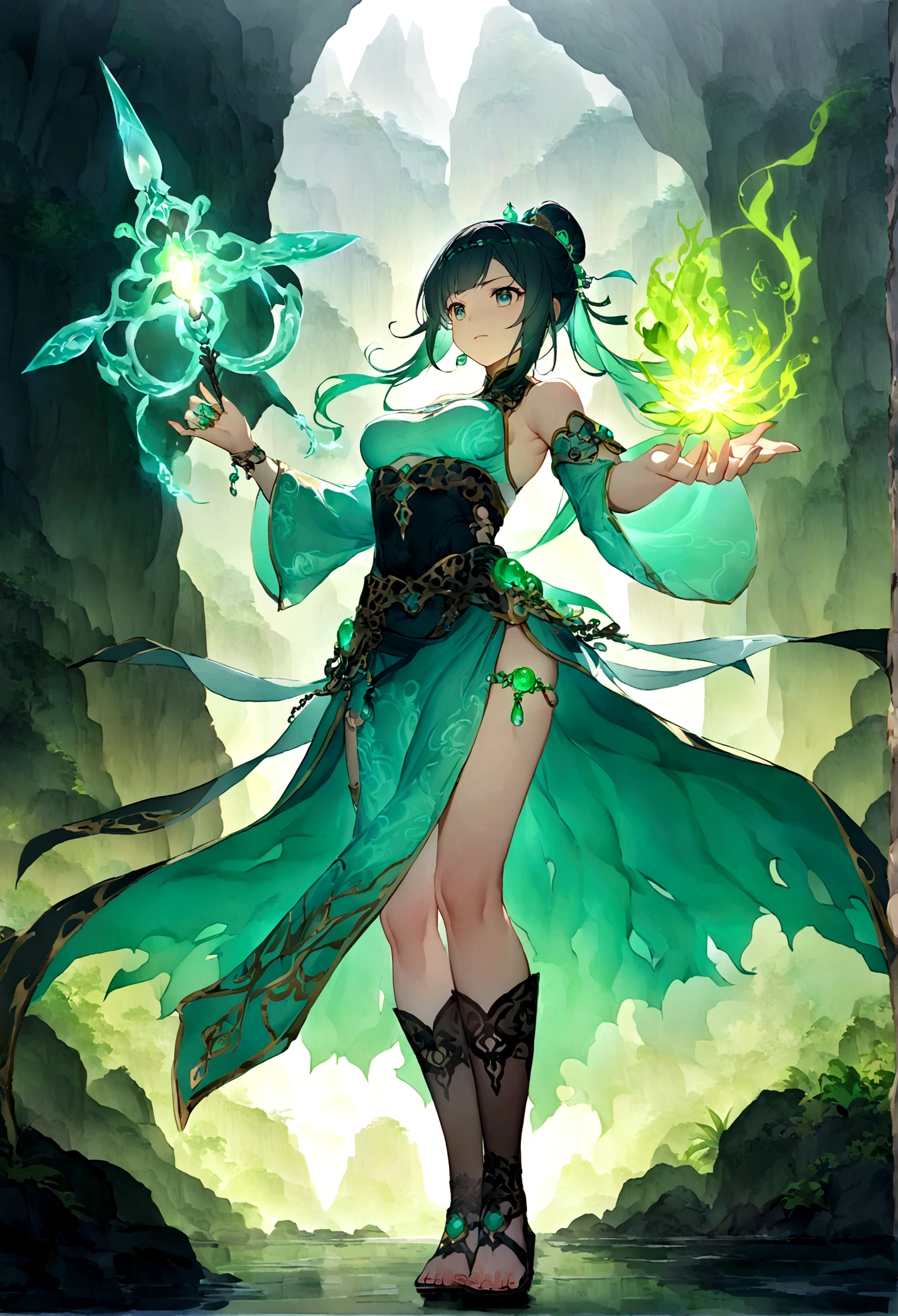 ((Chinese style，Immortal World，Xianxia World))，Mountain，Mist，(((Cave，)))mystery，Glowing Jade，Chinese style!!