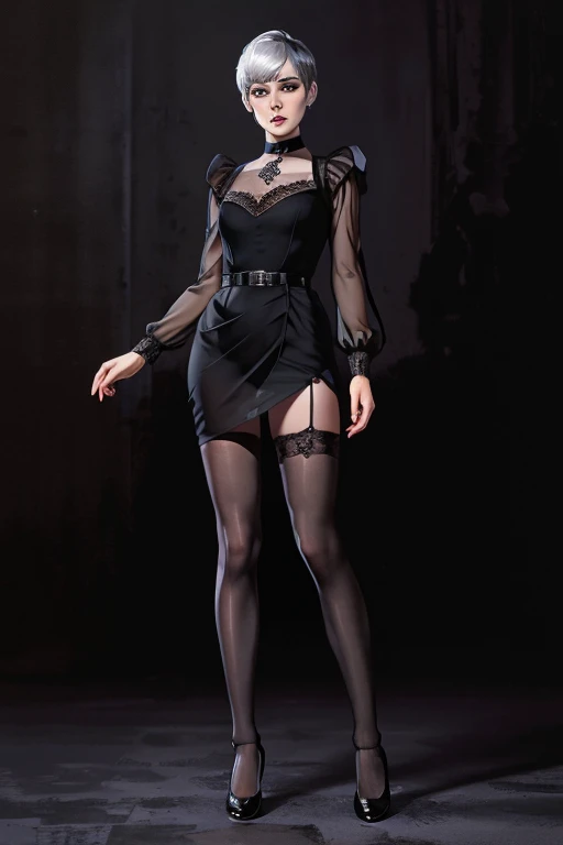 (full body:1.4),Cute 18 yo English woman with raven black hair, (short:1.1),(pale:1.4), ice blue eyes,(small breasts:1.2),((pixie cut)), Goth. Smoky eye, mascara, black lipstick, choker, long sleeves, black sheer lace gown, (black pantyhose), Mary Janes with straps.Masterpiece, (highly detailed:1.2),(detailed face and eyes:1.2), 8k wallpaper, Moody lighting. core shadows, high contrast, bokeh.