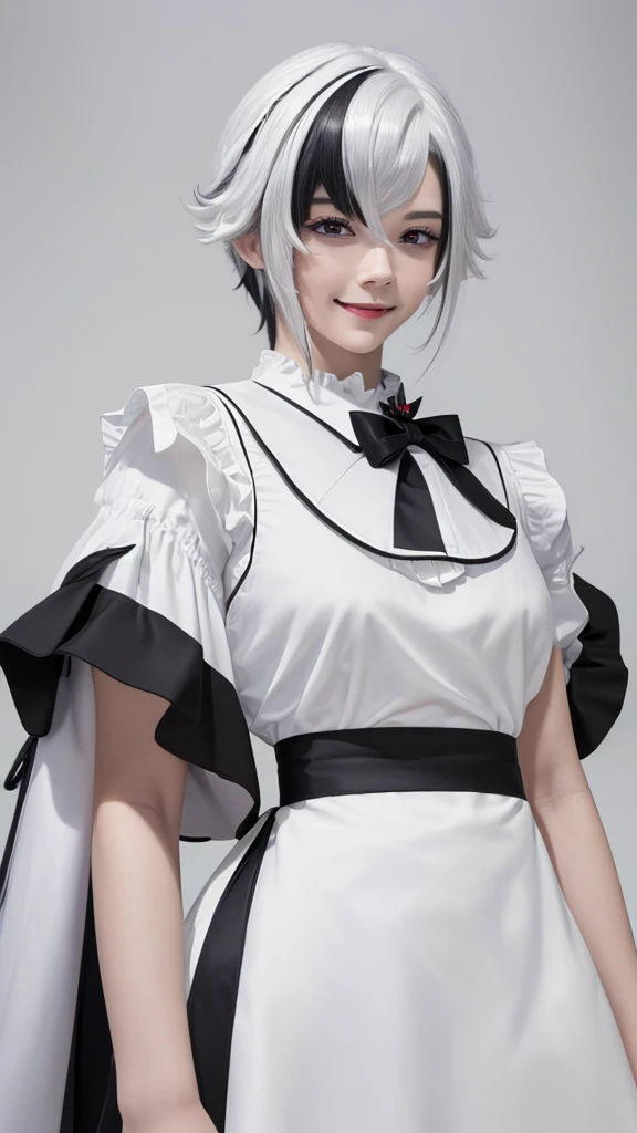 (close up:1.4), (RAW Shooting:1.2), (Reality:1.4), (masterpiece:1.3), (Highest quality:1.4), (Headdress, White shirt, Black Ribbon, ruffle skirt, Puff sleeves, collar, Necklace, Thin white apron ruffles：1.3), White knee socks, swimsuit, flat chest, White hair, Black Hair, Colorful Hair, short hair, Straight Hair, White hair long braid, Glowing red eyes, Red X pupil, (focus, full-body shot, Smile