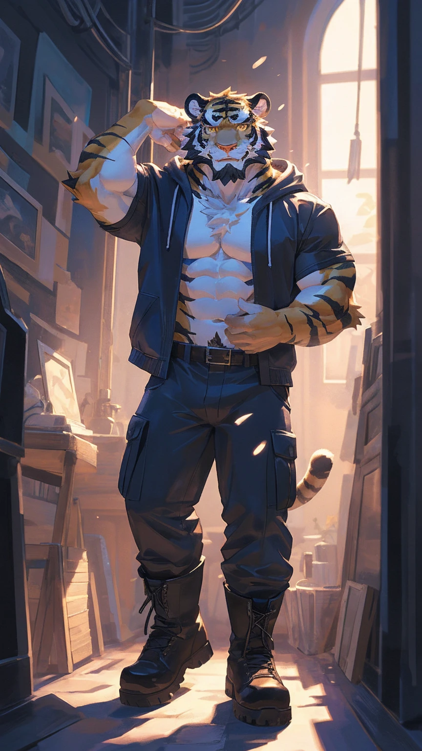 (masterpiece:1.2), best quality,pixiv,official art,perfect anatomy, (Ray tracing, light),solo, (1_male:1.3) , (muscle), (white fur and black strip:1.4), (muscle tiger), (beard:1.2), (gleaming golden eyes), tigrt tail, Thick eyebrows, open hoodie, (naked inside:1.2), cargo pants, (boots:1.2), pure white background