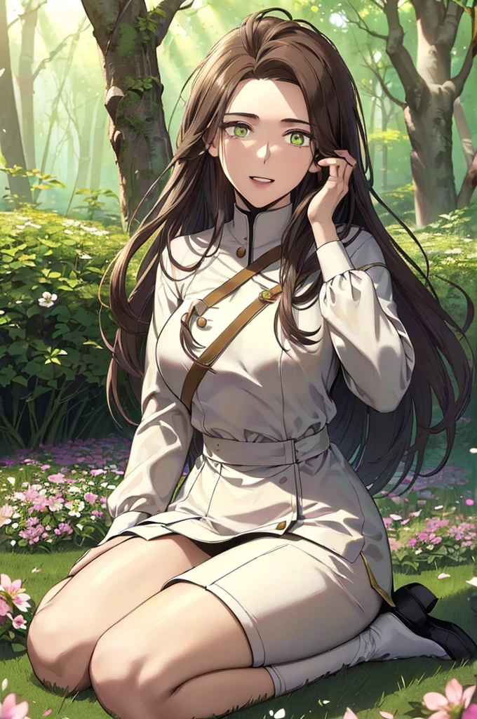 ((((Bellflower Maestro, Maestra de alta calidad, ultrahalta resolución)))), 1woman, sitting, (((segmented body:1.1, fabric body:1.1, magical aura:1))), (rooted to the ground), long curly brown hair, green eyes, glowing emerald eyes, (extraordinarily detailed facial features: 0.8, radiant smile), (relaxed facial expression), (full shot), facing forward, (((in a forest, surrounded by blooming flowers, sunlight streaming through the leaves, gentle breeze)), medium breasts, hands resting on knees, (content and at peace), (natural colors, rich textures), 28 years old, (chestnut brown skin tone), lush green background, natural lighting