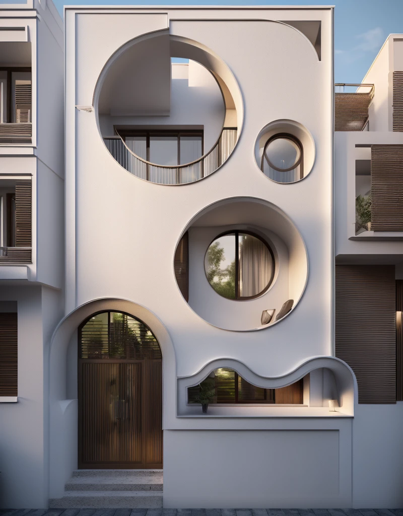 (Townhouse in city ,close houses and trees), daylight ( best quality) ((high solution)) ,(( photo realistic)) ,warm light, (sharp focont view of townhouse in style of modern,small house, Narrow area,VietNam,facade, curved arch,beautiful facade,curved windown,narrow and long ,two-storey,mutual colours, soft lighting, warm atmosphere,high Resolution, hyper detailed,4k ,vray render, octane render, hyper realistic, photography expert ,exterior design , professional photography, exterior photography,wide-angle shot , ultra detail , high Resolution , full frame, full body



