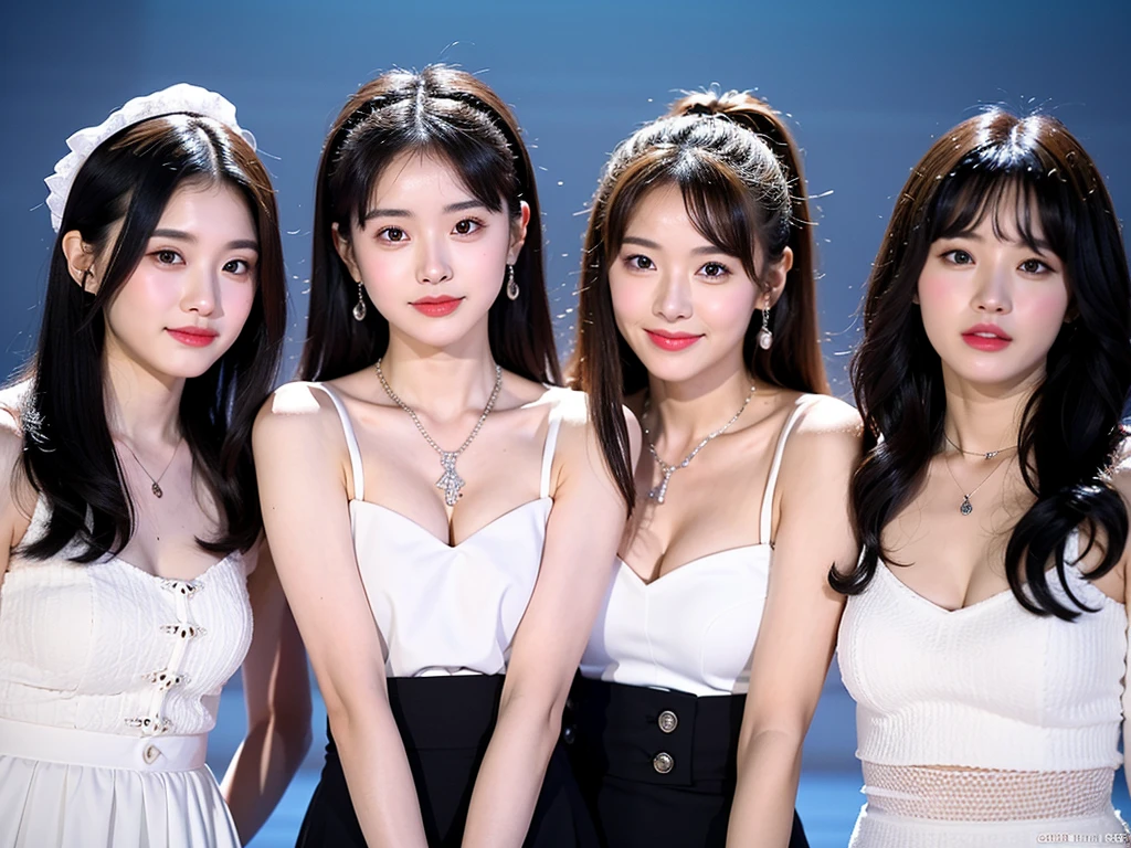 (Extra detailed body、The face is rich in detail、Best quality:1.2)、Three girls with different styles pose together，Korean girl group，sweet，Looking at the audience、（Quirky stylish、A necklace、Contrast purple, White and black clothes、Asymmetry)，?????????????