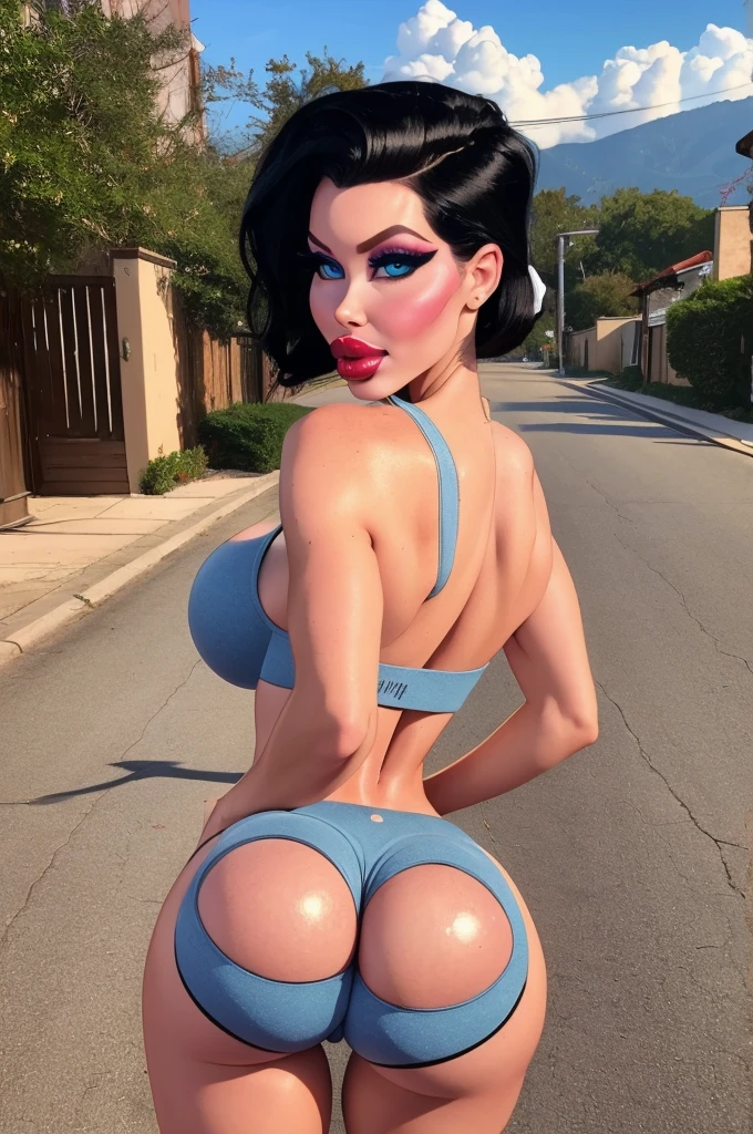 Rear view, a gorgoues 40 year old bimbo milf walking down tbe street, hips swinging, (epic candid photograph), ((huge fake ass)), ((massive round asscheeks)), wearing booty shorts, crop top, black hair, brunette, looking back at viewer, skinny waist, toned, long slender legs, slim, (huge drooping breasts), (side boob), (highly detaed face, big red lips, bimbo makeup, smokey eyes:1.2), beautiful realistic eyes, eye conact