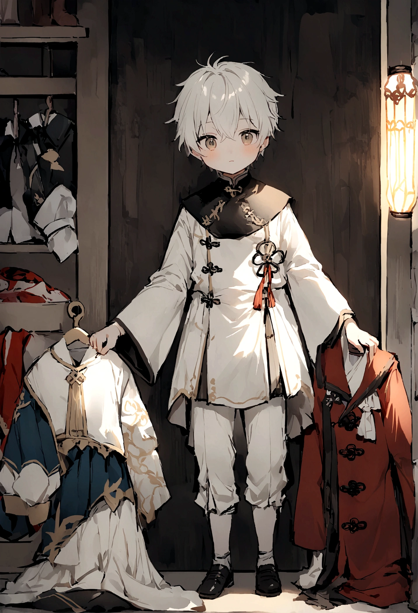 ((Chinese style,Immortal World,Xianxia World)),Mountain,Mist,(((Cave,)))mystery,A cute boy,((Worn clothes)),Off-white clothes