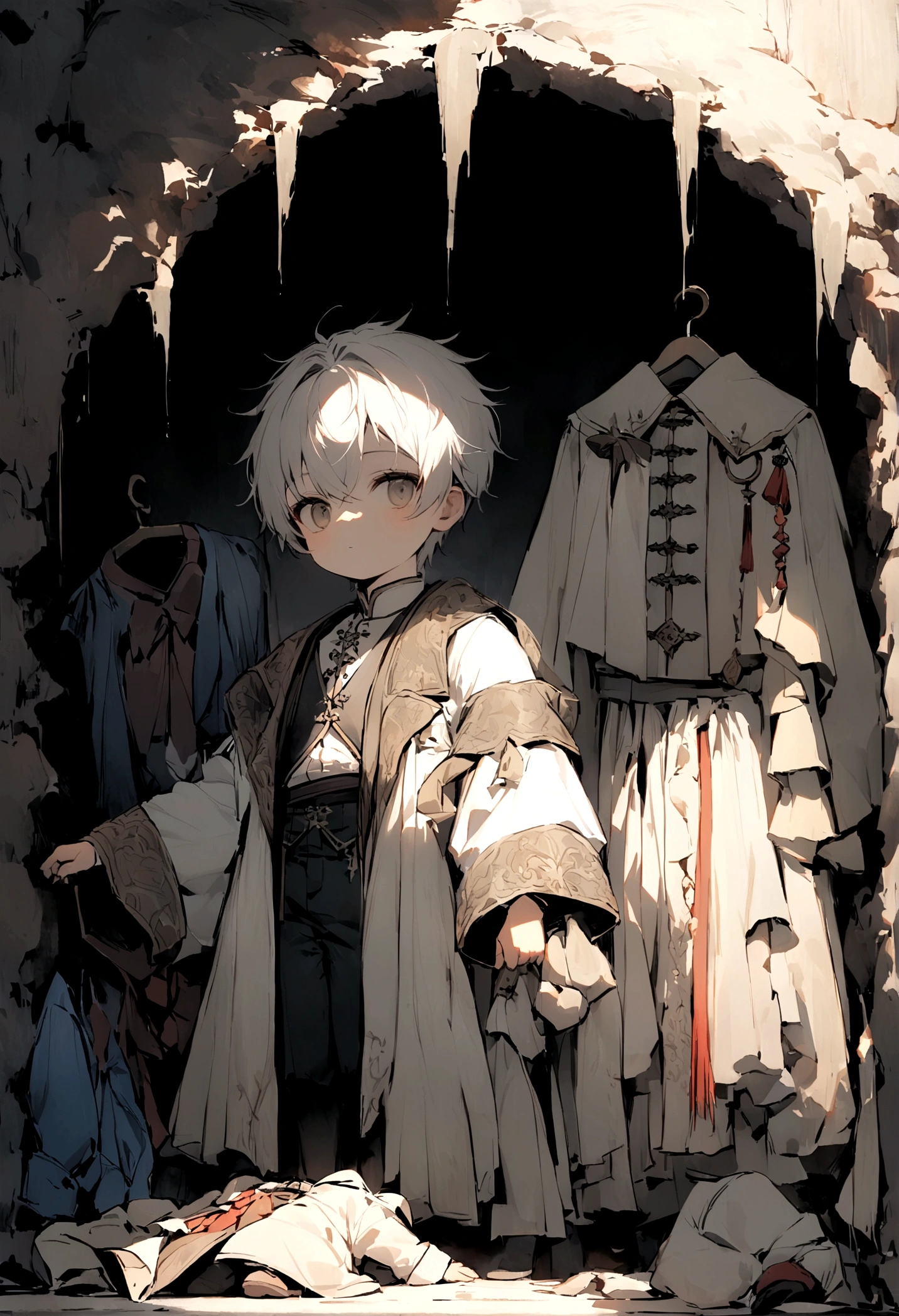 ((Chinese style,Immortal World,Xianxia World)),Mountain,Mist,(((Cave,)))mystery,A cute little boy,((Worn clothes)),Off-white clothes