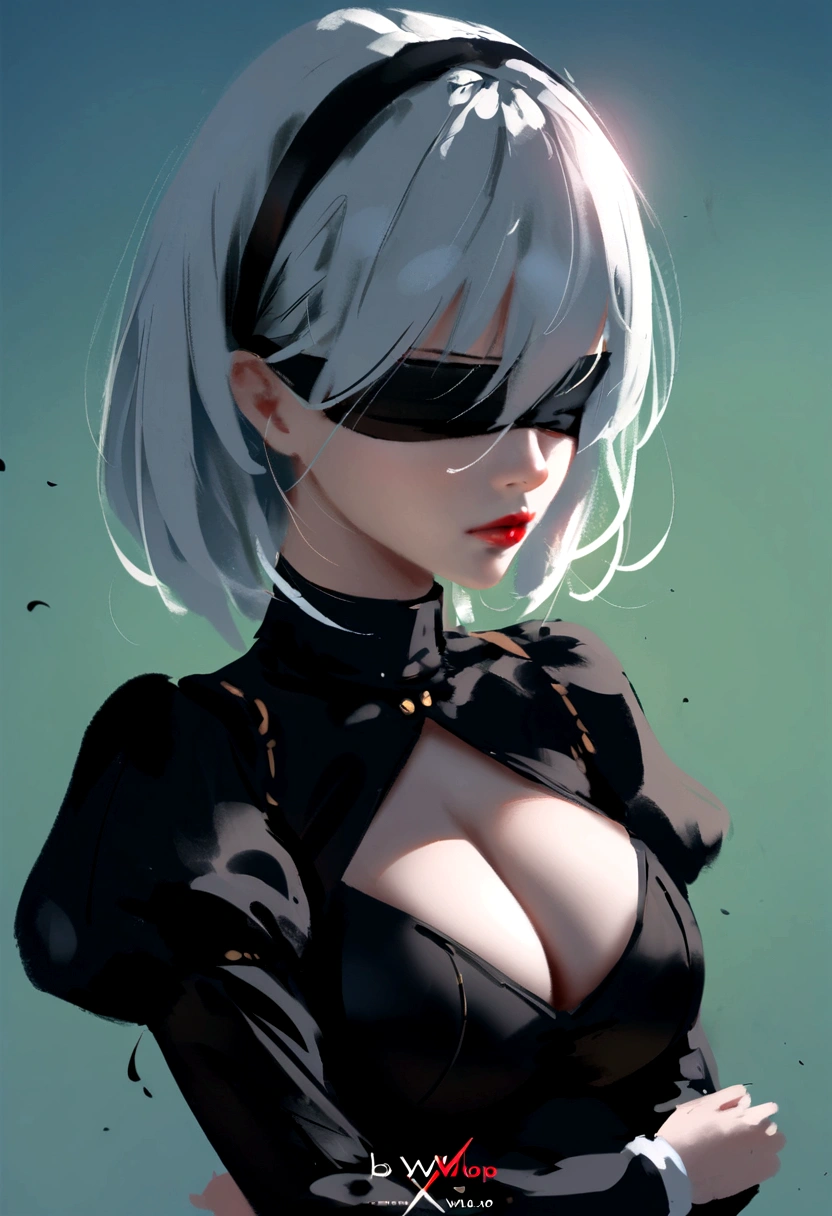 yorha no. 2 type b, 1girl, wlop, (blindfold), breasts, cleavage, cleavage cutout, clothing cutout, green background, hair between eyes, hairband, highres, juliet sleeves, long sleeves, School Days, kotonoha, makoto, sekai,  puffy sleeves, red lips, shaded face, short hair, solo, turtleneck, upper body, white hair, sky