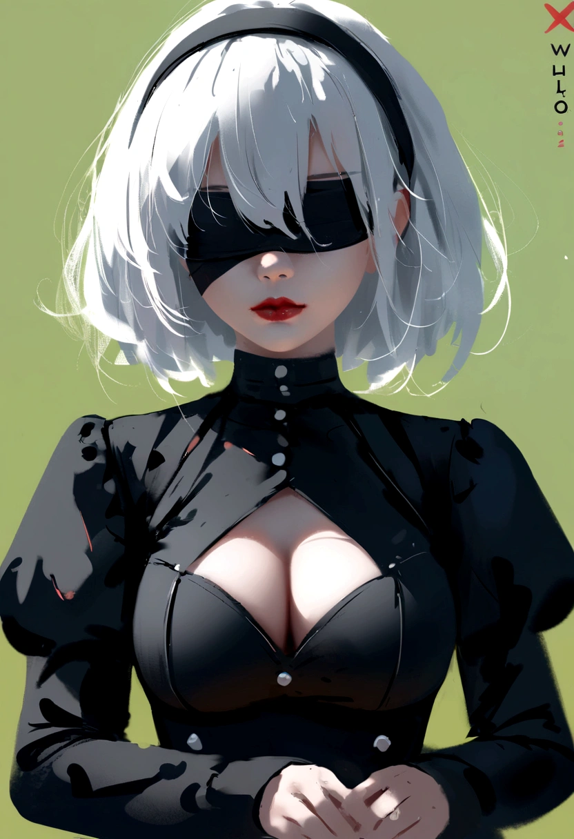 yorha no. 2 type b, 1girl, wlop, (blindfold), breasts, cleavage, cleavage cutout, clothing cutout, green background, hair between eyes, hairband, highres, juliet sleeves, long sleeves, School Days, kotonoha, makoto, sekai,  puffy sleeves, red lips, shaded face, short hair, solo, turtleneck, upper body, white hair, sky