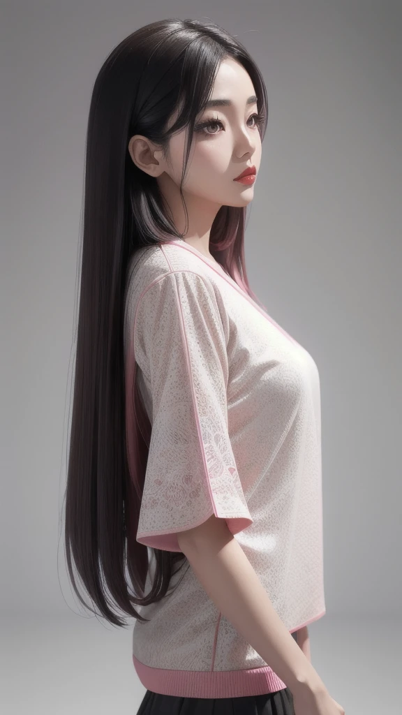 beautiful young Japanese woman, wearing symmetrical bold casual clothes, long hair, gray background, pink aura, red lips, octane rendering,