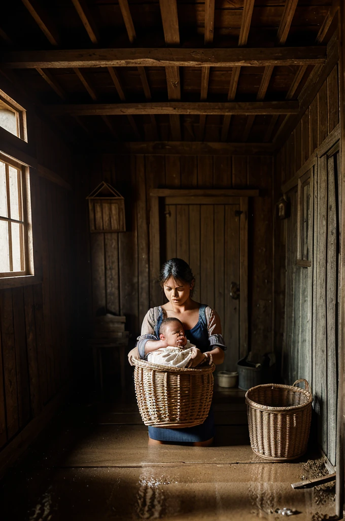 Create Description Images:
A small wooden cabin in an abandoned village. The rain falls heavily, hitting the tin roof and creating puddles on the dirt floor. inside, in a dark corner of the stable, a woman holds a . The expression on her face is one of shame and disdain as she leaves the baby in a wicker basket..