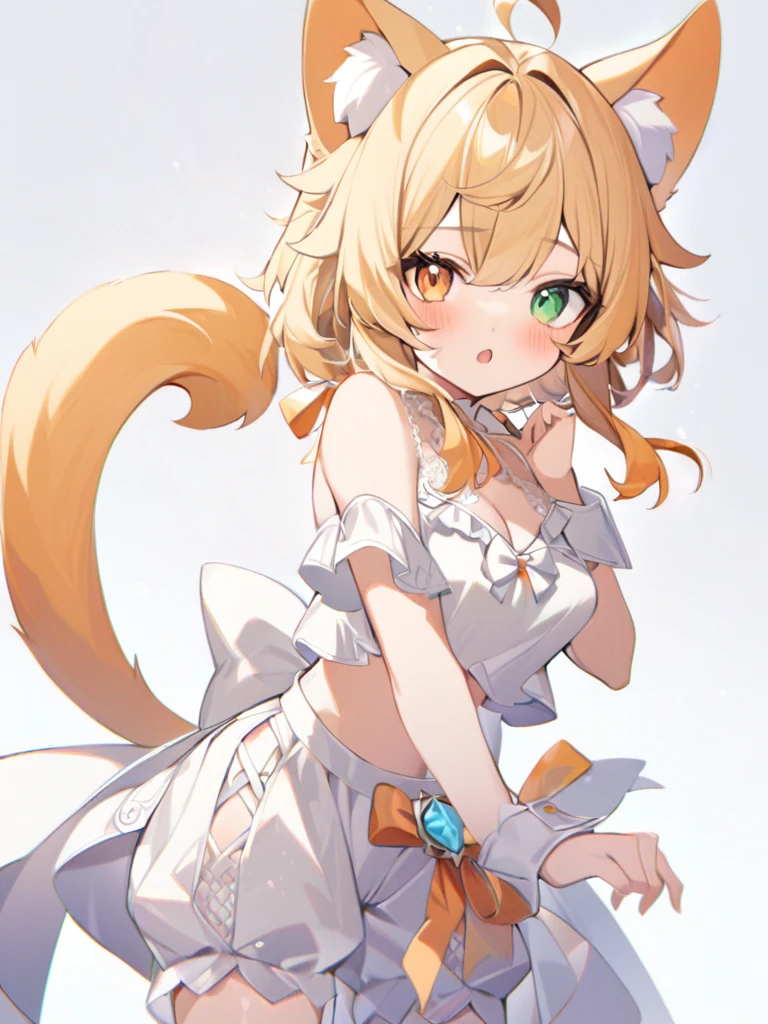 1girl, animal ears, bangs, bare shoulders, blonde hair, blush, bow, breasts, white cleavage, cropped torso, , green eyes, hair ribbon, heterochromia, , looking at viewer, open mouth, orange bow, orange eyes, orange ribbon, ears of an unusual animal, a real tail, a fluffy tail, two tails on the sides, ribbon, solo, stuffed animal,   , upper body, full-length, white legbands, white shoes with lace and white bows, white background, wrist cuffs, yellow eyes, bloomers, close-up, fair skin frills, lace, midriff, skirt, solo, , white background,shorts, white top with ribbon and lace and trousers,trousers, genshin,white slippers with a bow,All clothes are white, laceAt full height, it stands