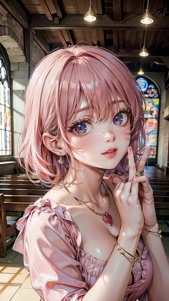 (Masterpiece, BestQuality:1.3), (ultra detailed:1.2), (hyperrealistic:1.3), (RAW photo:1.2), High detail RAW color photo, professional photograph, (Photorealistic:1.4), (realistic:1.4), professional lighting, perfect anatomy, (Big Breasts:1.2), (blush, detailed face), (cheerful Smile:1.5), Trending Hair&Trending Hairカラーをランダムに, earrings, necklace, bracelet, sexly, erotic sexly, Random sexy gravure poses, (A beautiful woman with pink hair wearing a pink dress、Smiling and posing sexy while praying in an old church in spring。:1.3)