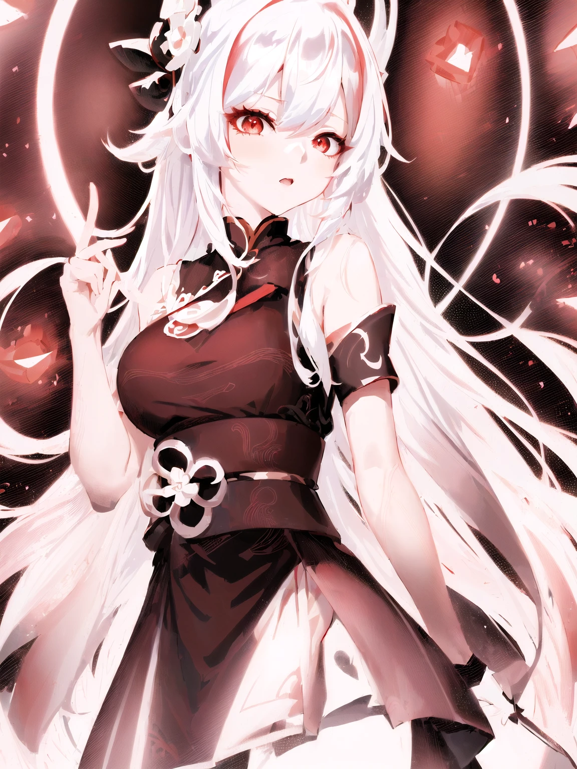 Anime girl with long white hair and red and black clothing, White-haired deity, Onmyoji detailed art, Onmyoji portrait, Onmyoji, best anime 4k konachan wallpaper, Cute anime girl in a beautiful skirt, Anime style 4K, Anime girl in black dress, anime art wallpaper 8 k, Azur route style, Anime Goddess