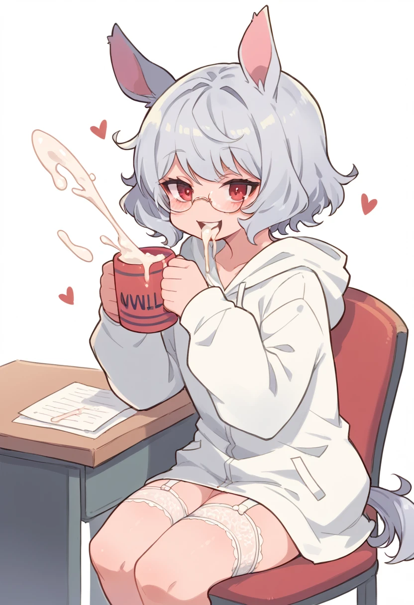 ,NSFW,1girl,Girl with horse ears and tail,Silver Hair,Red eyes,Curly medium short hair,Square glasses,Wearing a large white coat,hoodie,,Dairy-free,garter belt,Provocative smile,Sit on a chair,desk,Character portrait,full Art,Cum in mouth,Mug in hand,Semen all over the body