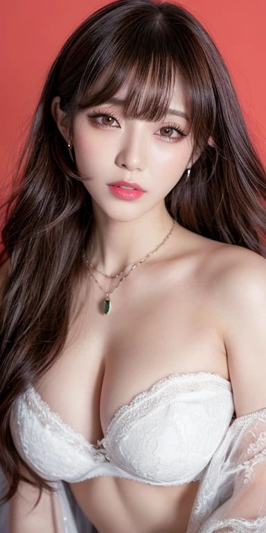 Canon RF 85mmf/1.2,masutepiece,Best Quality,超A high resolution,tu,1 girl,(Korean mixed,Kpop Idol:1.2),Solo,white_shiny_skin,Black eyes,Necklace,brown_long_Wavy_hair,Red lipstick bright_shiny_Lips,Eyelashes,Bangs,deal,make - up,shiny,Pore,skin texture,Bracelet,off shoulders,See-through,Big breasts
