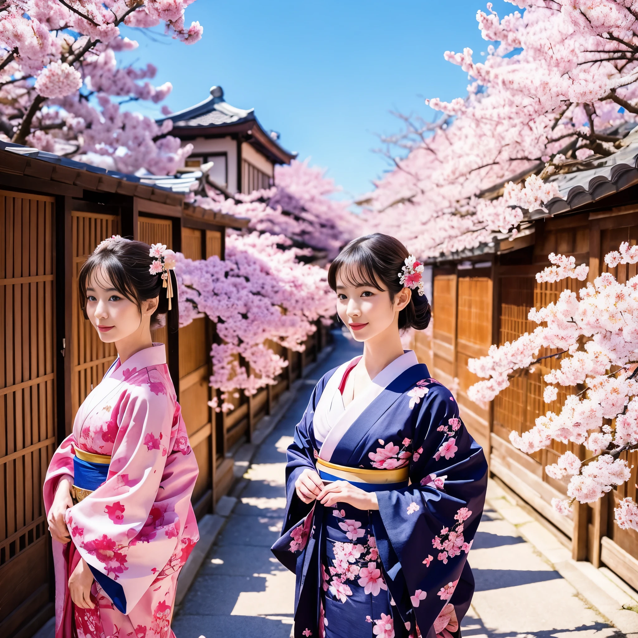 Beautiful Japanese Geisha Photos, Colorful kimonos, Cherry blossoms against the blue sky and the old streets of Kyoto