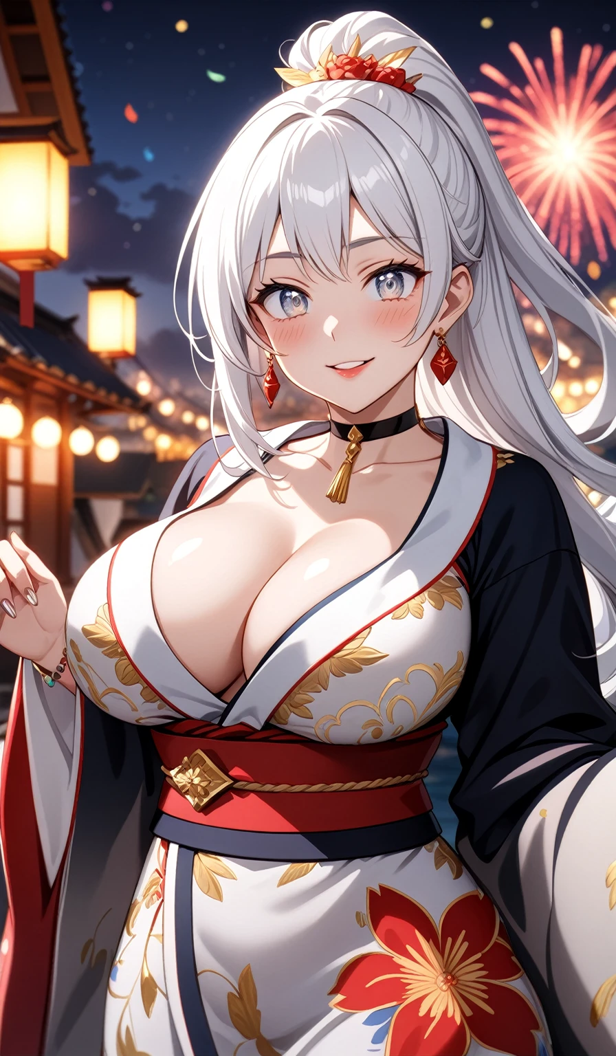 ((One personの女性)), Beautiful Face,embarrassed, ((Wink:1.9)),Laugh with your mouth wide open,Waving to the audience, ((Bright red cheeks:1.4)),Glossy red lips,night,rooftop,Festive decorations,You can see the ocean, firework,Lighting on the face,((Anime style background)),masterpiece, Highest quality, so beautiful,Latest, Complex details, (long nails of pink color),(ring),(bracelet),(choker),AI-generated, Complex,High resolution, Highest quality, super high quality,3D Images、looking outside、3D Images,One person,Long white hair,High Ponytail,(blue eyes),Anime woman posing for a photo, ((Fine grain、Silvery white colorful eyes、Shining Eyes:1.4)),(Squint your eyes:1.1),a hyperRealistic , hyperRealistic , Realistic,Anime woman with long and white hair, Smooth anime CG art, A woman in a colorful kimono with gold embroidery, (Black long sleeve kimono),Red floral pattern,Long flower hair ornament,Big earrings,Mature Body,(Big Breasts:1.1),Tall,Abdominal muscles,Narrow waist,(Zoom in on face:1.8),Photographed from the front