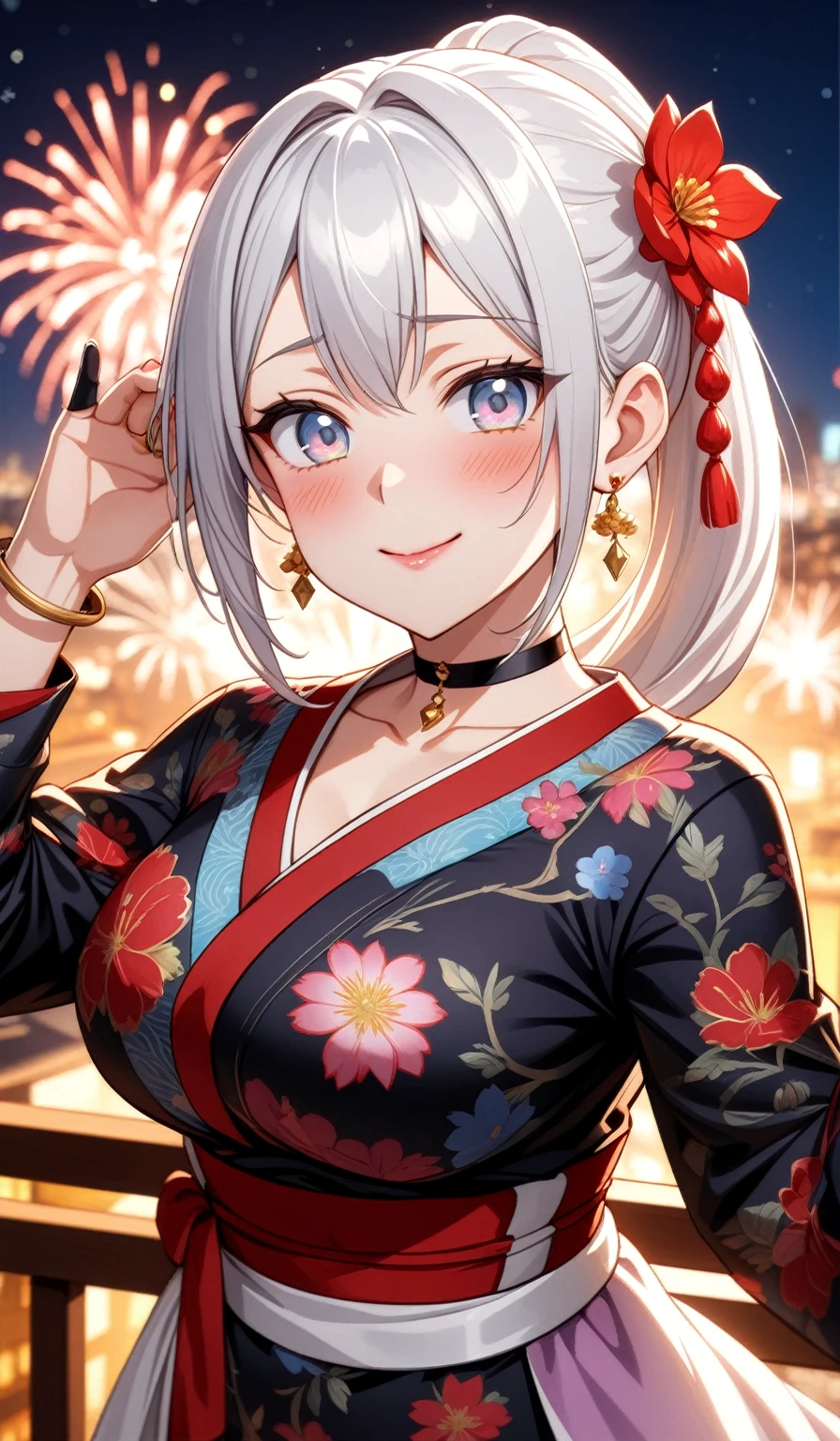 ((One personの女性)), Beautiful Face,embarrassed, ((Wink:1.9)),Laugh with your mouth wide open,Waving to the audience, ((Bright red cheeks:1.4)),Glossy red lips,night,rooftop,Festive decorations,You can see the ocean, firework,Lighting on the face,((Anime style background)),masterpiece, Highest quality, so beautiful,Latest, Complex details, (long nails of pink color),(ring),(bracelet),(choker),AI-generated, Complex,High resolution, Highest quality, super high quality,3D Images、looking outside、3D Images,One person,Long white hair,High Ponytail,(blue eyes),Anime woman posing for a photo, ((Fine grain、Silvery white colorful eyes、Shining Eyes:1.4)),(Squint your eyes:1.1),a hyperRealistic , hyperRealistic , Realistic,Anime woman with long and white hair, Smooth anime CG art, A woman in a colorful kimono with gold embroidery, (Black long sleeve kimono),Red floral pattern,Long flower hair ornament,Big earrings,Mature Body,(:1.1),Tall,Abdominal muscles,Narrow waist,(Zoom in on face:1.8),Photographed from the front