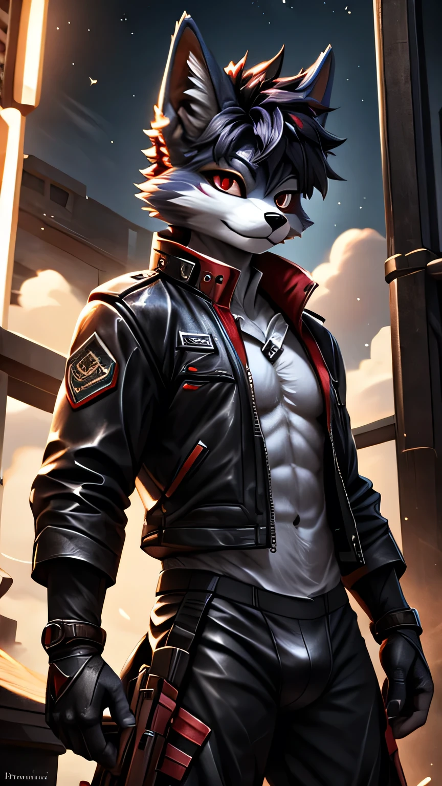 Rystal, Star Fox, Male,Dark emerald hair， (detailed), fluffy, Solo, Meticulous and realistic, delicate eyes(( Black and red eyes)), stand   ，leather jacket，Ghost Warrior，Tactical pants
, HD 4k Star Fox, Rystal, Star Fox, Male,Dark emerald hair， (detailed), fluffy, Solo, Meticulous and realistic, delicate eyes(( Black and red eyes)),，He wears a pair of small white briefs， stand，Flirting，Crotch bulge，Sexual desire Wai，Small round face