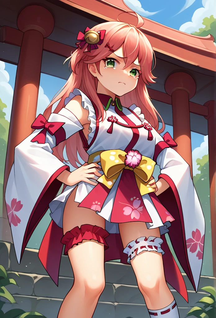 score_9, score_8_superior, sauce_anime, One girl, alone, Miko Base, Long Hair, Ahoge, one side superior, Hair Bell, Cherry blossom print, Non-traditional Shrine Maiden, Frills, Single knee socks, Bridal Garter, Hands on hips, Outdoor, shrine, cry, cowboy shot, tears