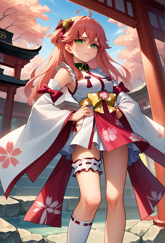 score_9, score_8_superior, sauce_anime, One girl, alone, Miko Base, Long Hair, Ahoge, one side superior, Hair Bell, Cherry blossom print, Non-traditional Shrine Maiden, Frills, Single knee socks, Bridal Garter, Hands on hips, Outdoor, shrine, cry, cowboy shot, tears