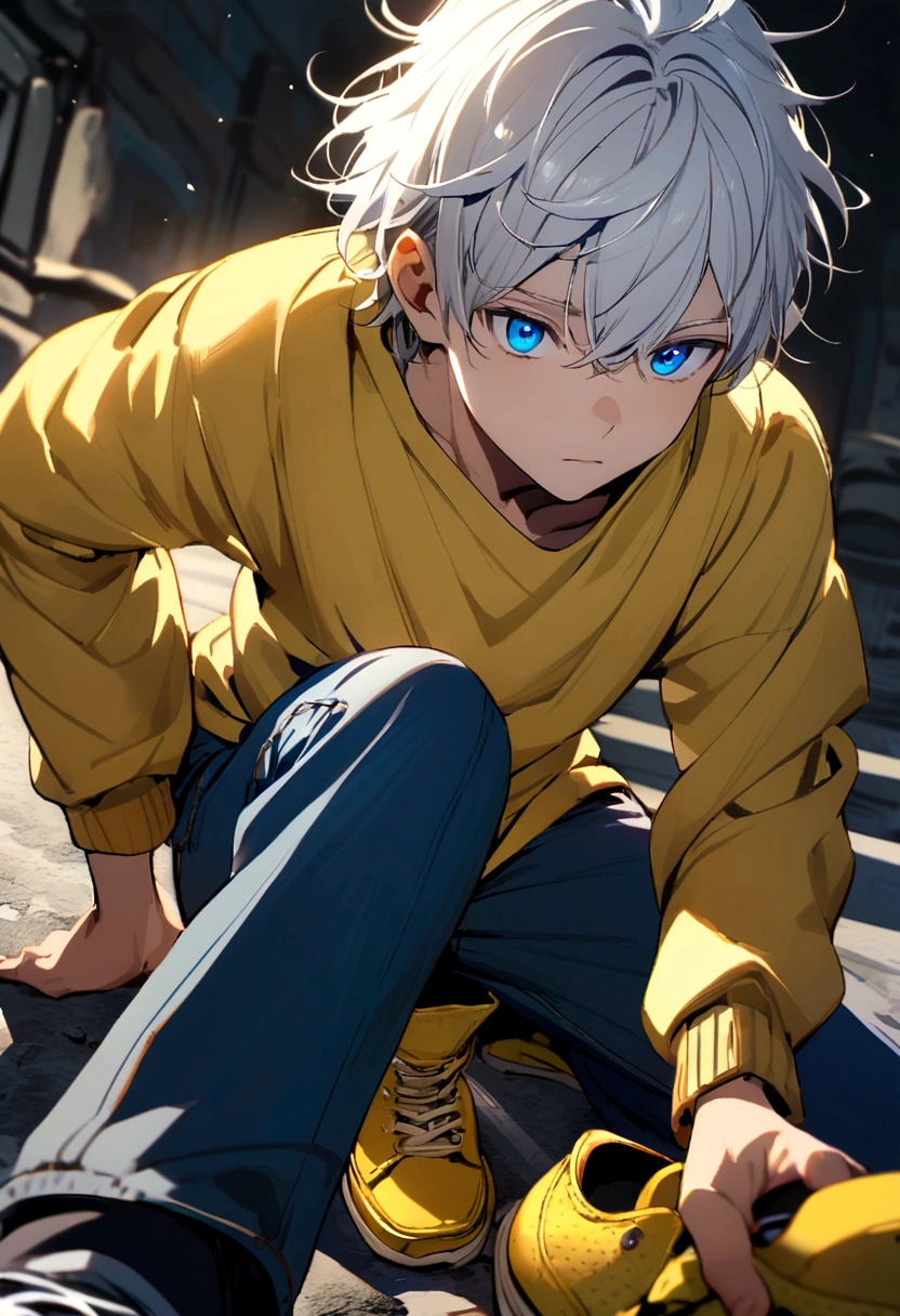 Boy with messy white hair, yellow sweatshirt, blue jeans , yellow shoe, blue colored eyes