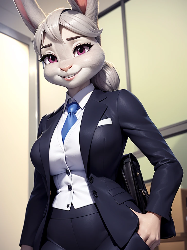 best quality, masterpiece, 3D anime, (((solo))), (((1girl))),  ((Face is JudyHopps)), (long ears like a rabbit:0.8), Heir is in a black ponytail style, Body is human lady, 	(She wear navy blue business suit, tailored jacket, white blouse, skirt:0.9), (the suit is made of wool:1.4), ((skin is silver with fluffy and fluffy)), (portrait view), In the background there is a office space, ((Her expression shows a fresh fresh smile)), She is carrying a recruitment bag over her shoulder