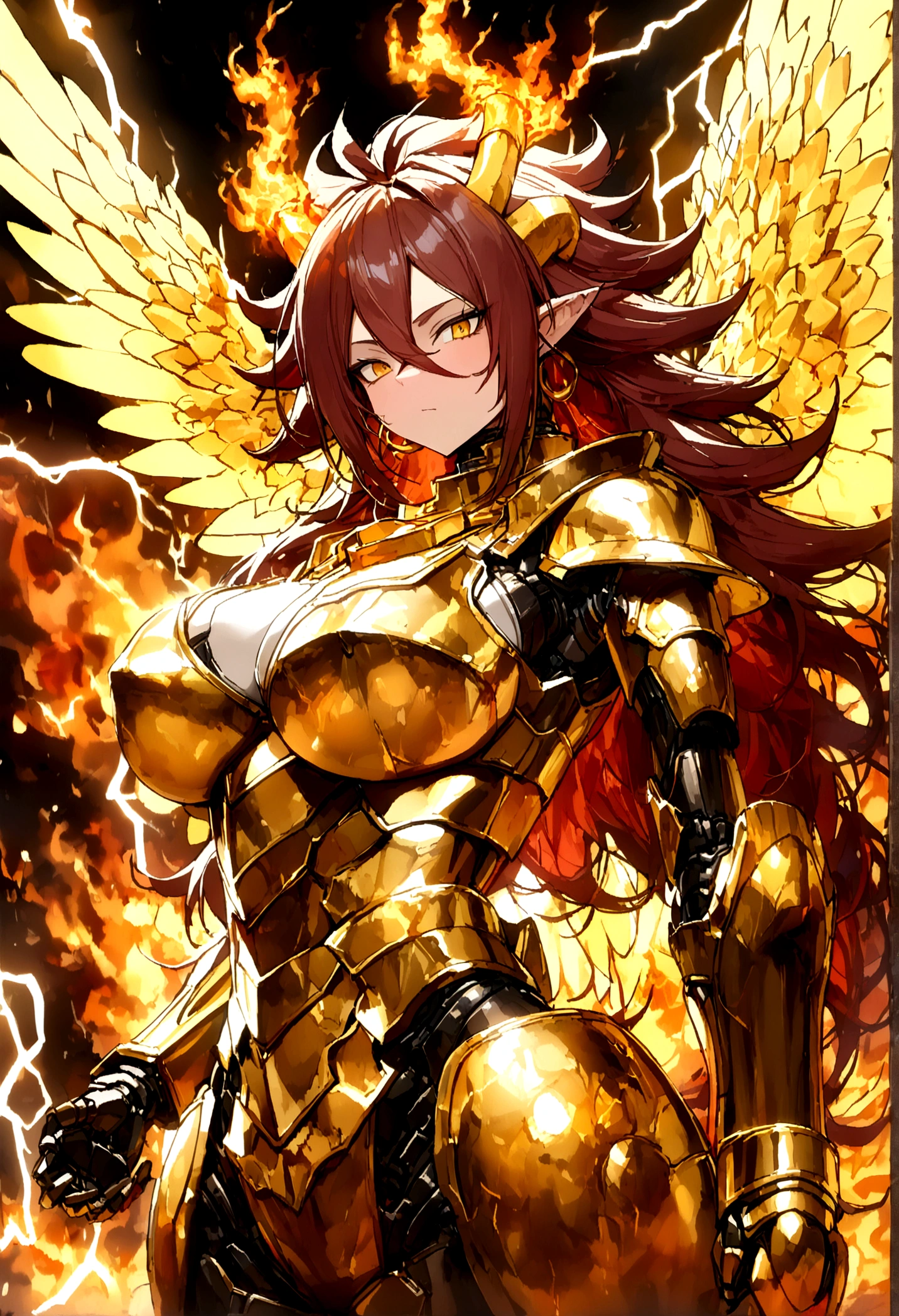 ((Lightning Power)), ((Electricity)), ((Fire Background)), ((Lightning Storm)), ((Power Erupting)), (((((android 21))))), ((((Gigantic Fire Rasengan)))), (((Evil Power))), (((white Coat))), (((Busty))), (((((Big breast:1,3)))), luxury bustier corset, (((silver hair))), (((Very slim waist))), propotional body, ((Gorgeous)), (((Fire Blazing Horns))), ((((gold wings))), masterpiece, hyperdetail, ambient effect, digital effect, (((Fire Gold Armor))), (((Lightning Gold Wings)))