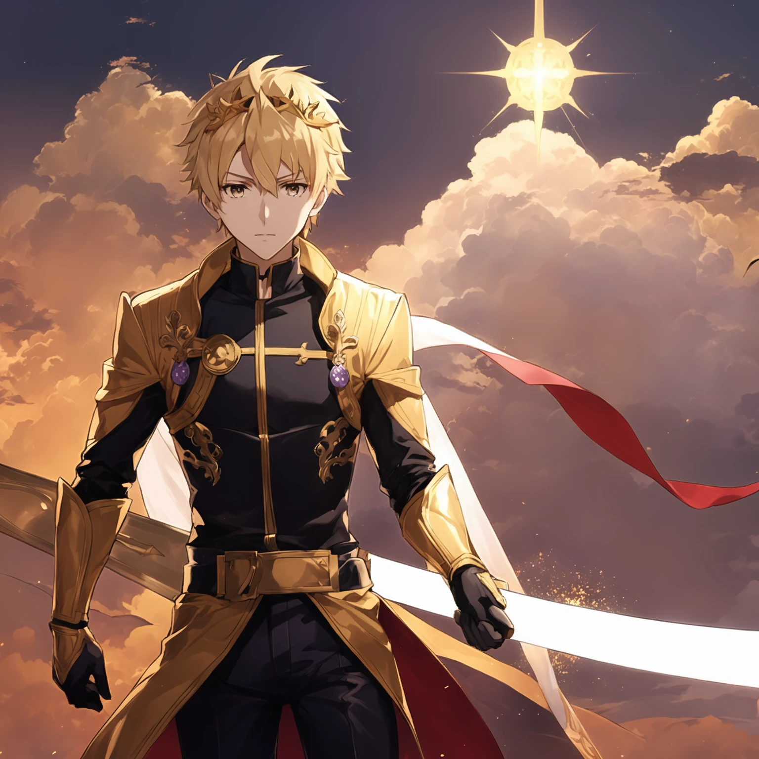 anime - style image of a man in a golden outfit holding a sword, anime style like fate/stay night, key anime art, handsome guy in demon slayer art, gold sword, with large sword, portrait of magical blond prince, beautiful androgynous prince, genos, keqing from genshin impact, fate grand order, male anime character, fate / stay night