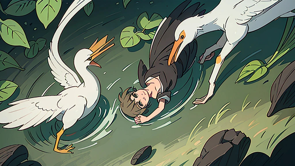 It looks like two storks are in a shallow creek . One of the storks is holding a baby crab in its beak , while another one is flapping its wings. The water surface of the river was covered with fallen leaves and weeds. It looks like some fish are swimming.
Describe the situation from close-up with emphasis on the action, shape,
interlacing and space.