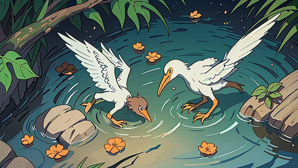 It looks like two storks are in a shallow creek . One of the storks is holding a baby crab in its beak , while another one is flapping its wings. The water surface of the river was covered with fallen leaves and weeds. It looks like some fish are swimming.
Describe the situation from close-up with emphasis on the action, shape,
interlacing and space.