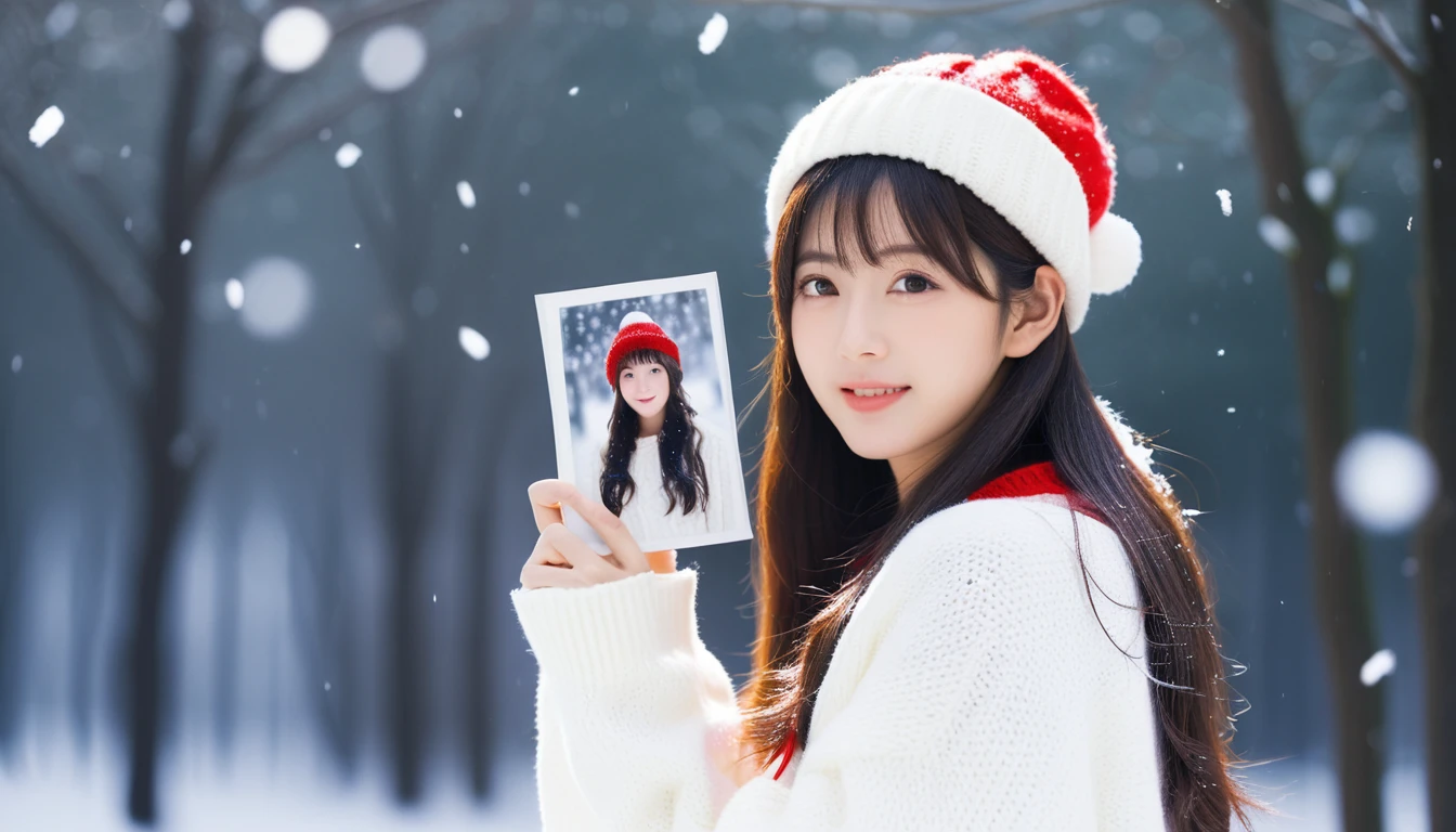 best quality, masterpiece,
Analog photo of Japanese idol girl wearing white sweater and red sweater hat, looking at viewer, long hair, Headshots, hold one's cheek with one's hand, enlargement, very beautiful detailed face, medium chest, (Cute face, looks tempting), eye level,
professional photos, high contrast exposure, soft bokeh, high key light, solid shadow, soft bokeh, snowfall, snowfall background,