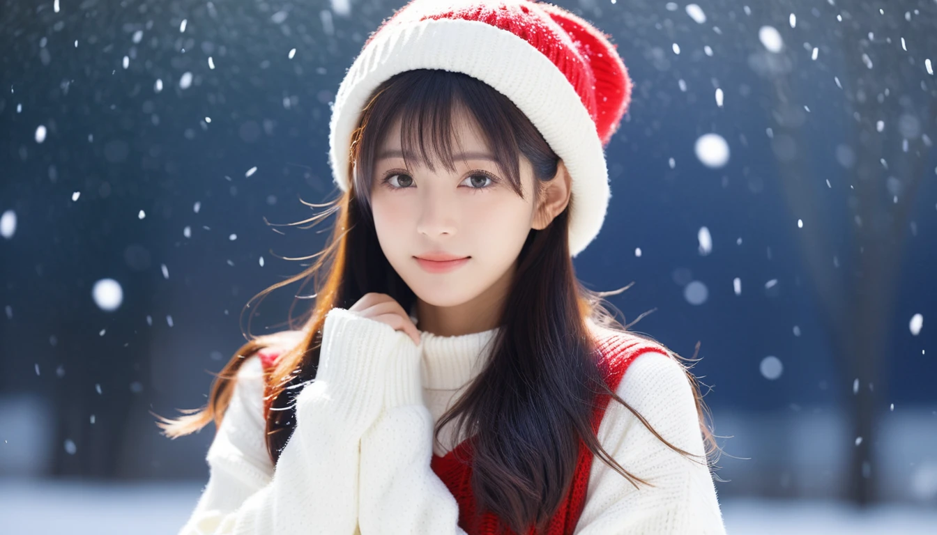 best quality, masterpiece,
Analog photo of Japanese idol girl wearing white sweater and red sweater hat, looking at viewer, long hair, Headshots, hold one's cheek with one's hand, enlargement, very beautiful detailed face, medium chest, (Cute face, looks tempting), eye level,
professional photos, high contrast exposure, soft bokeh, high key light, solid shadow, soft bokeh, snowfall, snowfall background,