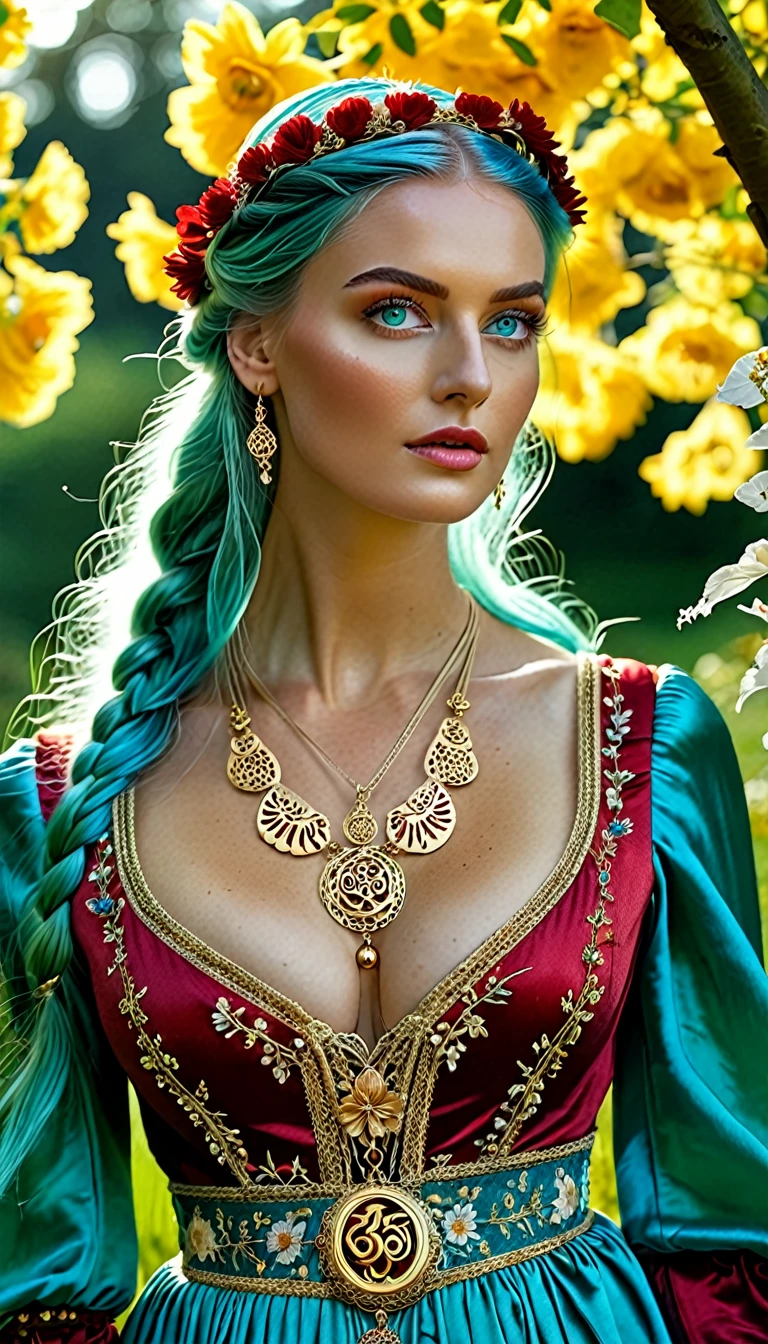 Generate a (hyperdetailed, realistic, Full Body), photo of Nia, (((turquoise color eyes))), (((long, silky, straight, Ombre blend of shimmering silver and celestial blue hair))), (((Position Nia with her long, silky hair styled in an elegant, low bun with sections of hair intricately braided and pinned back, adorned with small, delicate flowers woven into the braids))), (fair skin:1.4), (((Massive round natural  with deep ))), (Massive round natural :1.8), (Greek and Russian mix ethnicity), (hourglass figure, perfect body, , perfect , masterpiece, best quality).(((She is wearing a flowing, floor-length Golden color medieval-style dress in rich Crimson Red jewel tones, the soft fabric complementing her curves. The dress features lace-up details, long sleeves, and intricate embroidery))) Nia strolls through the castle gardens, stopping to admire the vibrant flowers and lush greenery. Her medieval dress contrasts beautifully with the natural surroundings, and her braided hair with small flowers adds to the romantic, historical feel. The sunlight filters through the trees, casting dappled shadows on the path. She wears a gold necklace with delicate round gold locket, its surface adorned with the symbol of an OWL. She is wearing a flowing, floor-length Golden color medieval-style dress in rich Crimson Red jewel tones. 8k, (Fit, Athletic, Tall), (Massive ), (Highly detailed  and skin texture), (Best quality, ultra detailed, Golden ratio, Masterpiece:1.2), (Theatrical lighting:0.7, Perfect rare face), (Highly detailed skin), skin texture, Pale skin, shiny skin, (thin, large size:1.2), [:(Sharp focus on rare face, perfect eyes:1.2):0.2], hyperdetailed photography, UHD, realistic skin texture, shot with Canon EOS 5D Mark IV and Canon EF 50mm f/1.4 USM lens, highly detailed.
