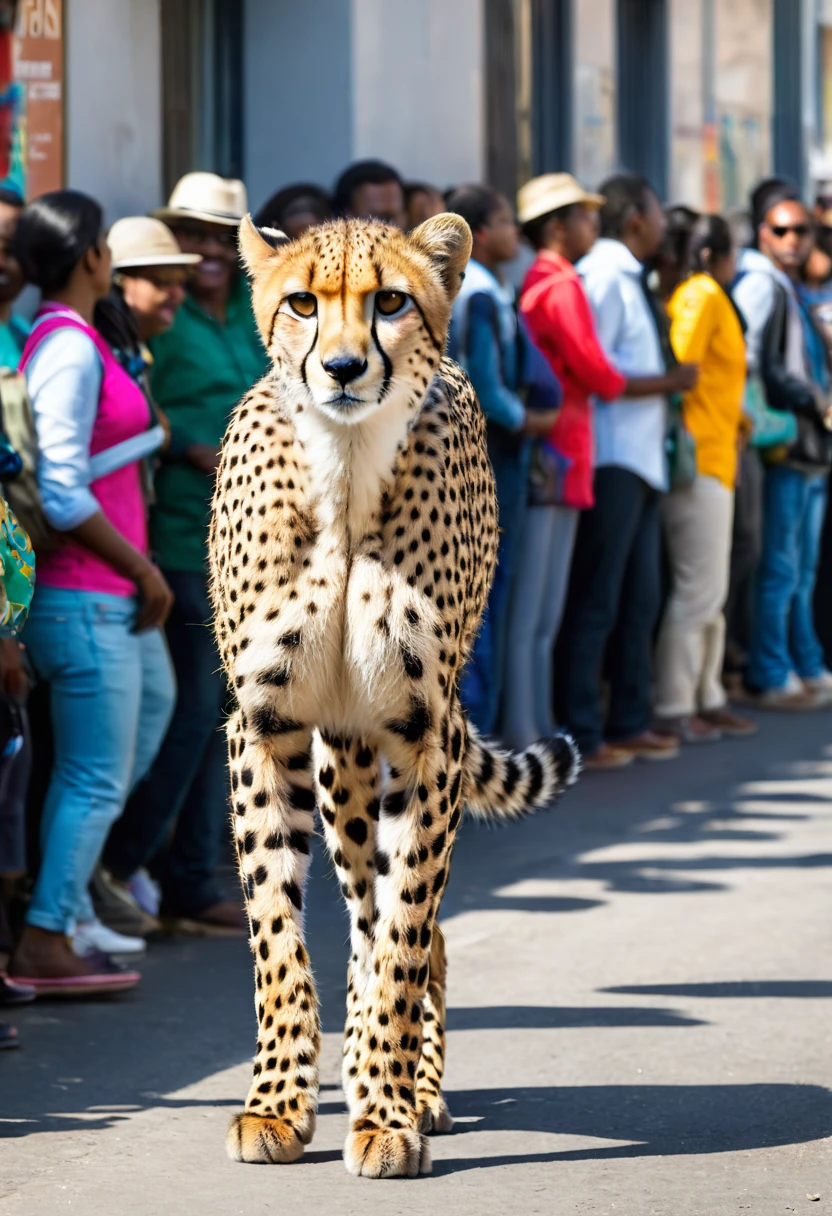 Urban cheetah, standing, crowded, rush hour,