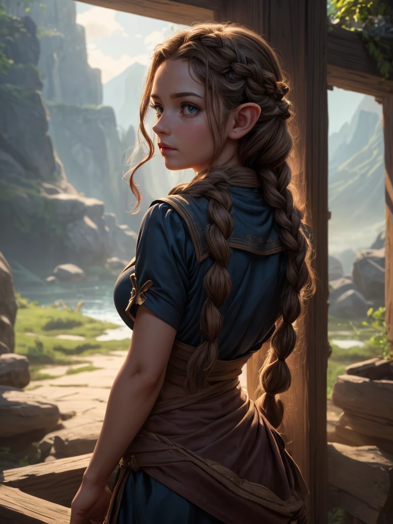 looking back elf girl portrait, curly two braid hair, 8k, RAW photo, best quality, masterpiece, high detail RAW color photo, dramatic lighting, cinematic lighting, back light, professional lighting