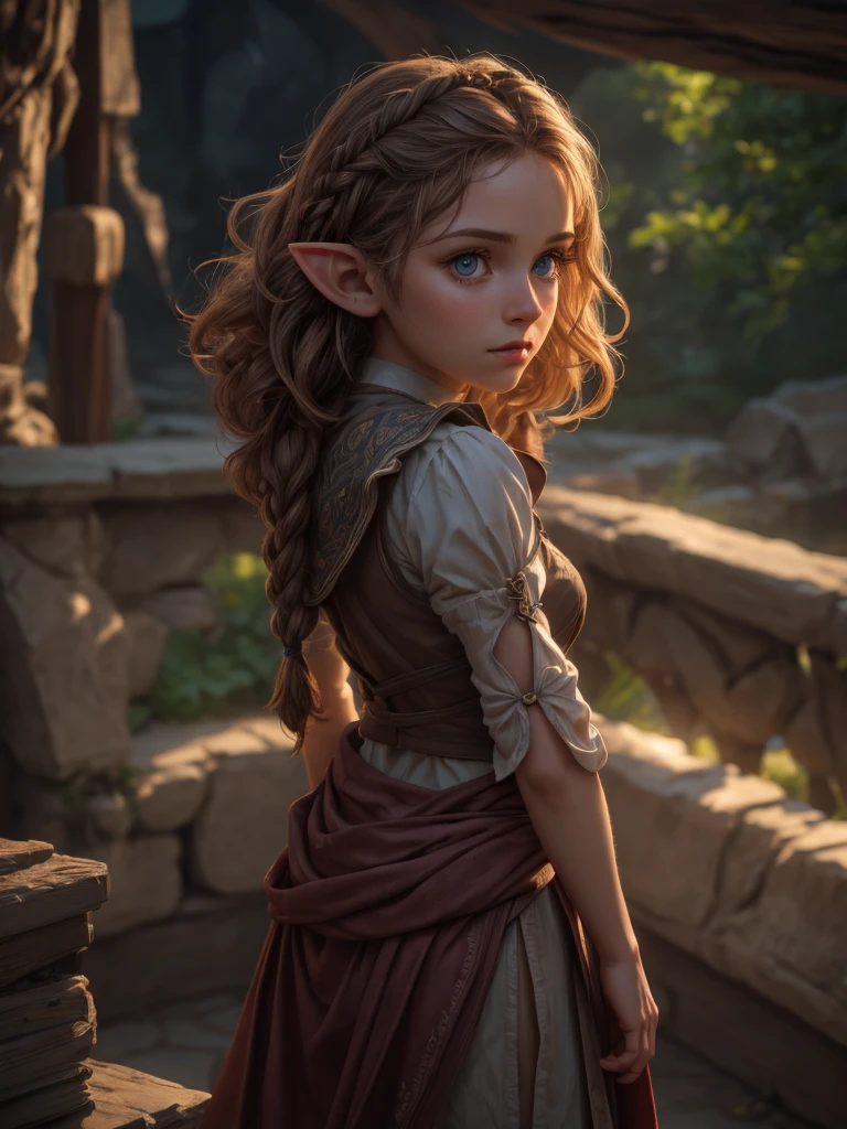 looking back elf girl portrait, curly two braid hair, 8k, RAW photo, best quality, masterpiece, high detail RAW color photo, dramatic lighting, cinematic lighting, back light, professional lighting