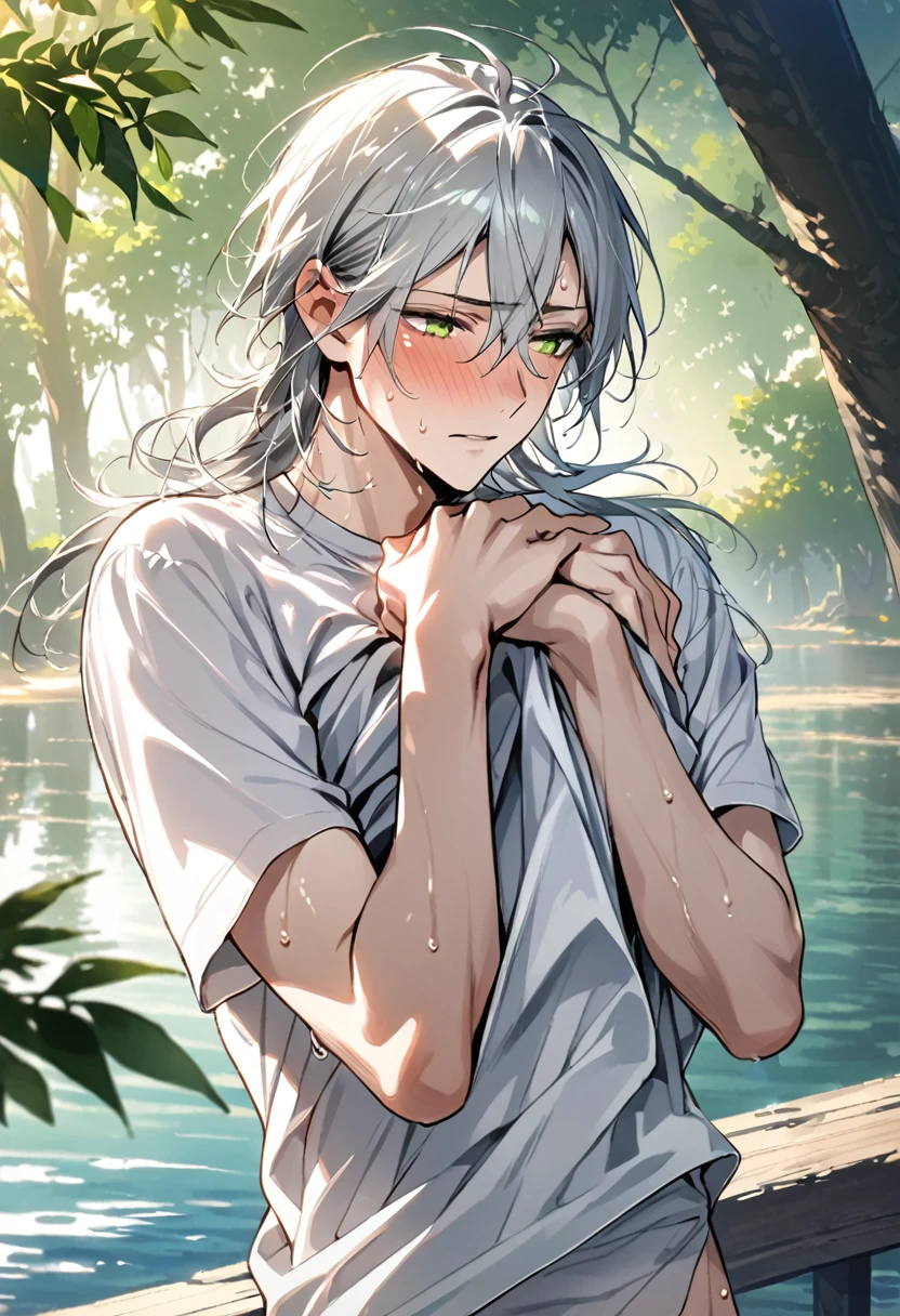 1man, solo, (yaoi), (male only), super fine illustration, an extremely delicate and beautiful, best quality, white hair, long hair, green eyes, in heat, presenting, dazed expression, daydreaming, (slender),full-face blush, steam, sweat, (Lift shirt to chest with both hands:1.4), lakeside setting, sunlight filtering through trees, looking away, upper body,NSFW