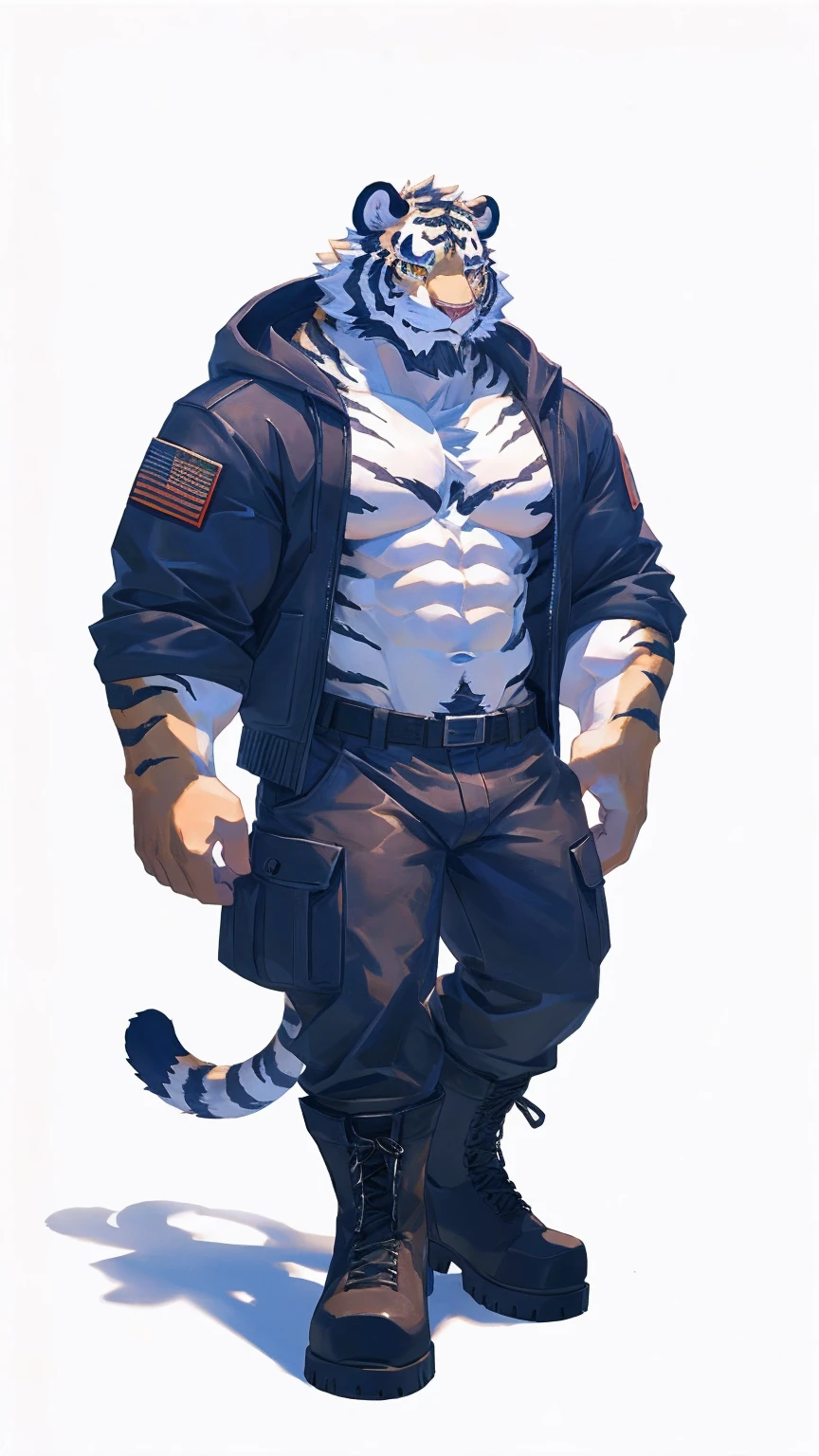 (masterpiece:1.2), best quality,pixiv,official art,perfect anatomy, (Ray tracing, light),solo, (1_male:1.3) , (muscle), (white fur:1.4), (muscle white tiger), (beard:1.2), (gleaming golden eyes), tigrt tail, Thick eyebrows, open hoodie, (naked inside:1.2), cargo pants, (boots:1.2), (pure white background: 1.3)