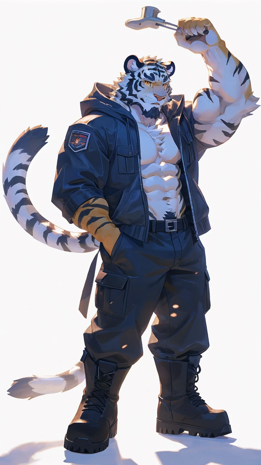 (masterpiece:1.2), best quality,pixiv,official art,perfect anatomy, (Ray tracing, light),solo, (1_male:1.3) , (muscle), (white fur:1.4), (muscle white tiger), (beard:1.2), (gleaming golden eyes), tigrt tail, Thick eyebrows, open hoodie, (naked inside:1.2), cargo pants, (boots:1.2), (pure white background: 1.3)