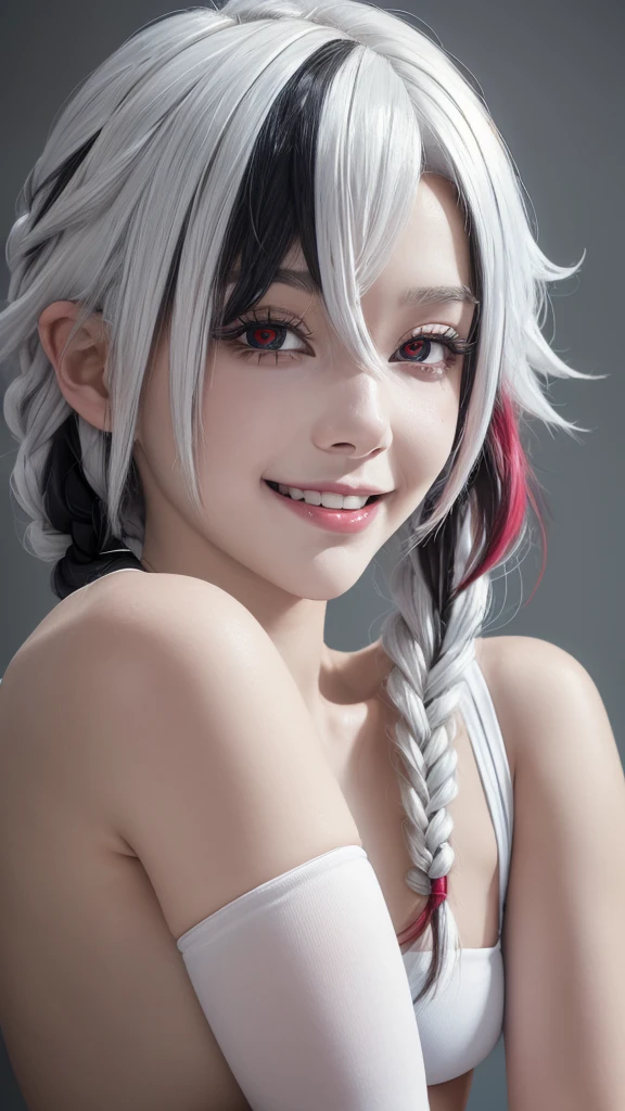 (close up:1.4), (RAW Shooting:1.2), (Reality:1.4), (masterpiece:1.3), (Highest quality:1.4), (bikini：1.3), White knee socks, , flat , White hair, Black Hair, Colorful Hair, short hair, Straight Hair, White hair long braid, Glowing red eyes, Red X pupil, (focus, full-body shot, Smile