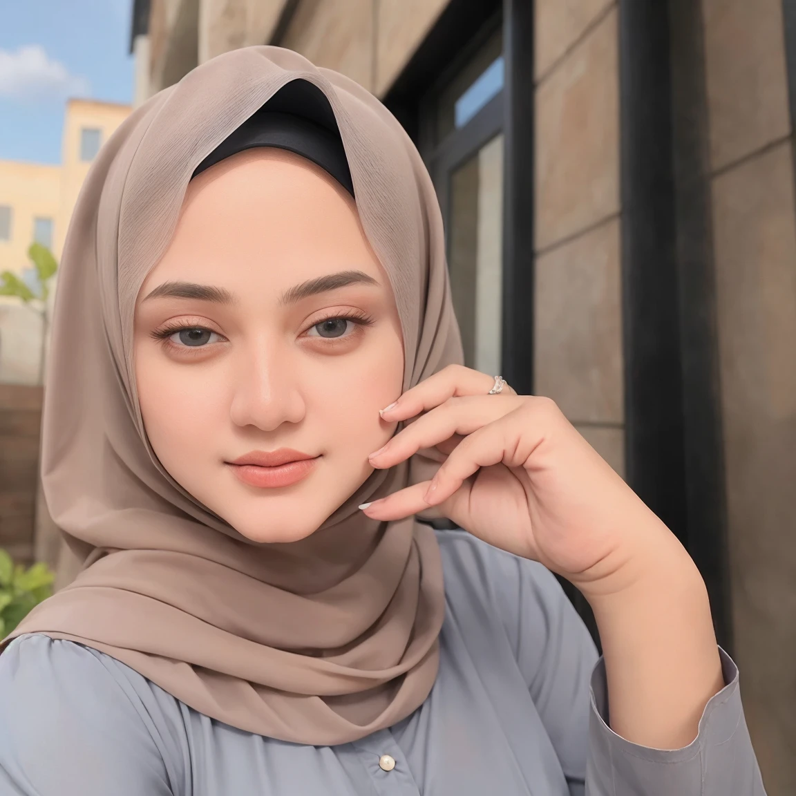(((masterpiece)))beautiful woman age 20, wearing a hijab with glass, dressed white politely as a Muslim woman and wearing accessories, neat, elegant, perfect body, background city, full body, perfect face, perfect finger, very detail, all perfect, pose model, best Quality, 4k, super detail