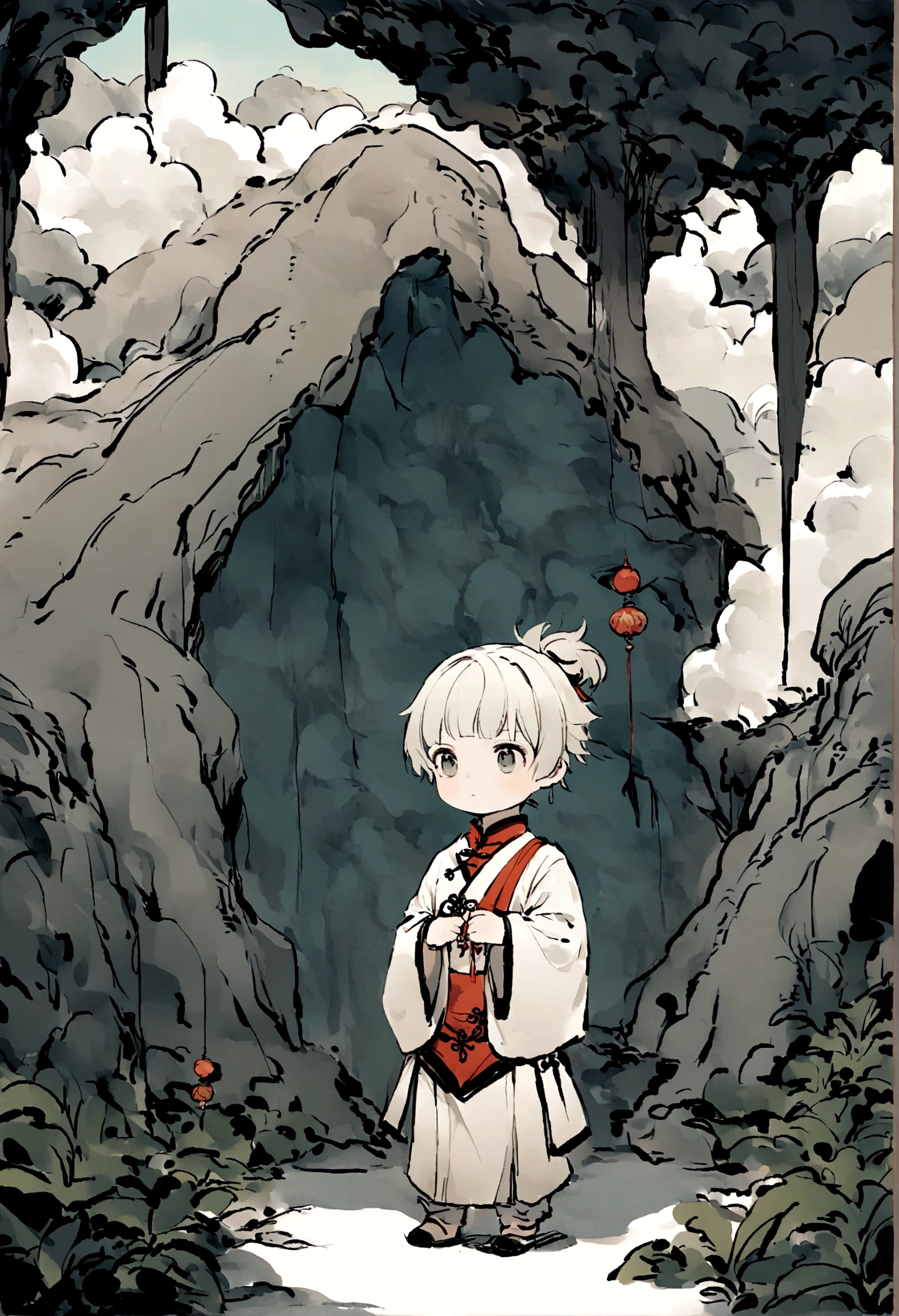 ((Chinese style,Immortal World,Xianxia World)),Mountain,Mist,(((Cave,)))mystery,A cute ,((Worn clothes)),Light-colored clothing,Chinese style,Xiuxian style