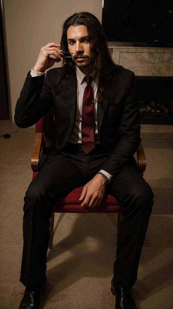 An image of a man in a black suit with red tie, holding a smoking gun, long hair while sitting on a chair, human bodies lying in front of him on the floor, red liquids surrounding them